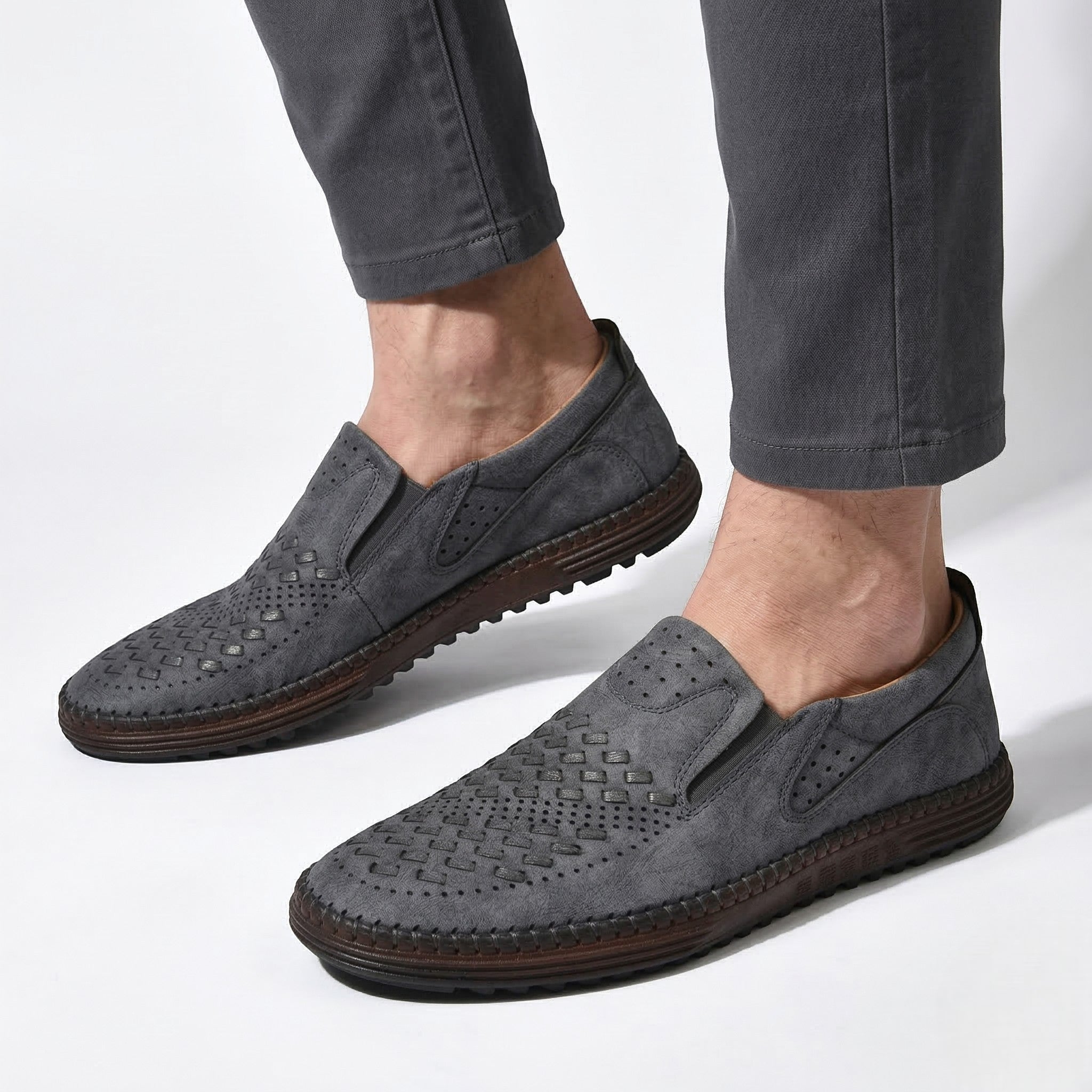 Oscar - Men's Breathable Perforated Slip - On Loafers - Loafers - Grey - Taylor & Bennett