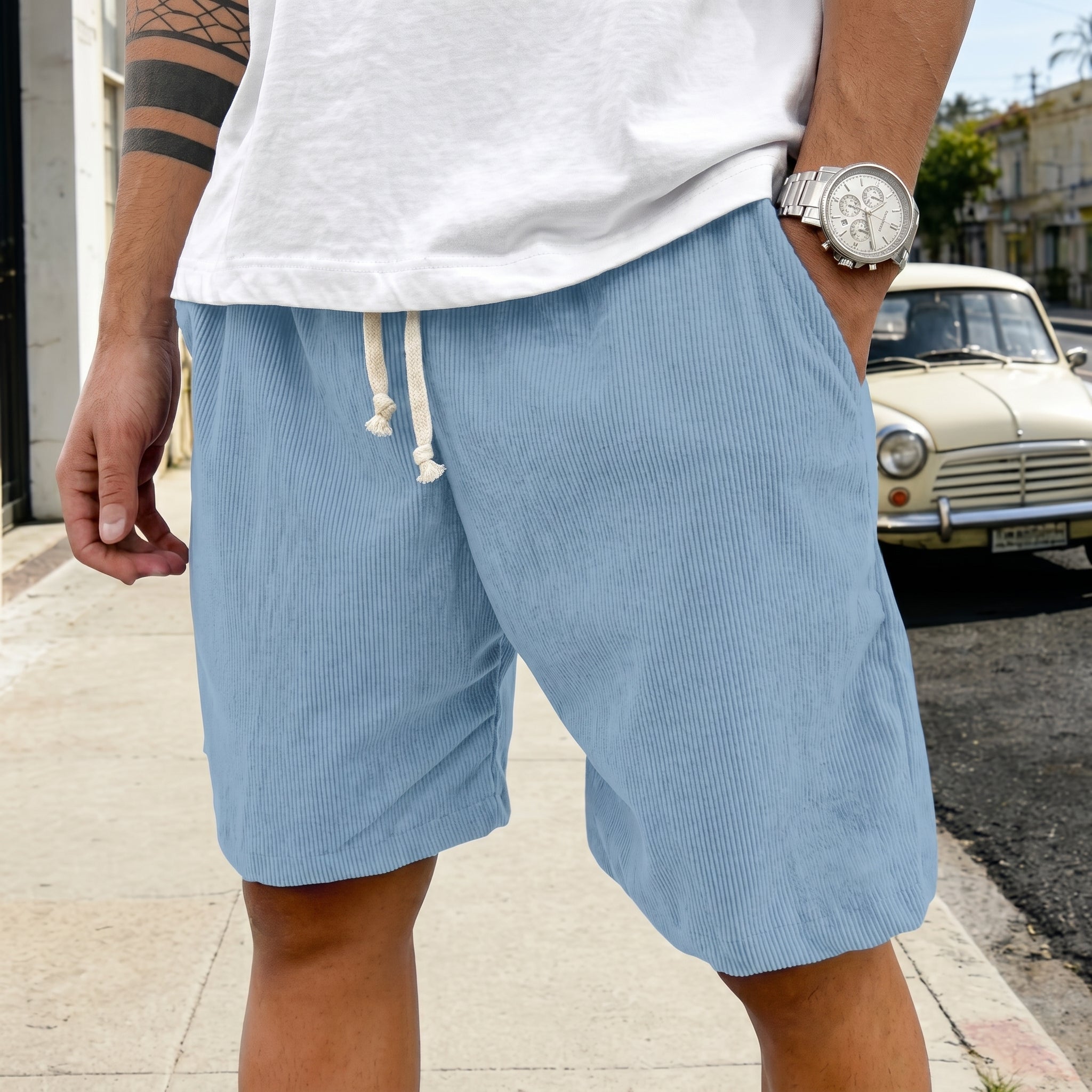 Paul - Men's Relaxed Fit Drawstring Corduroy-Look Shorts - Shorts - Blue - Taylor & Bennett