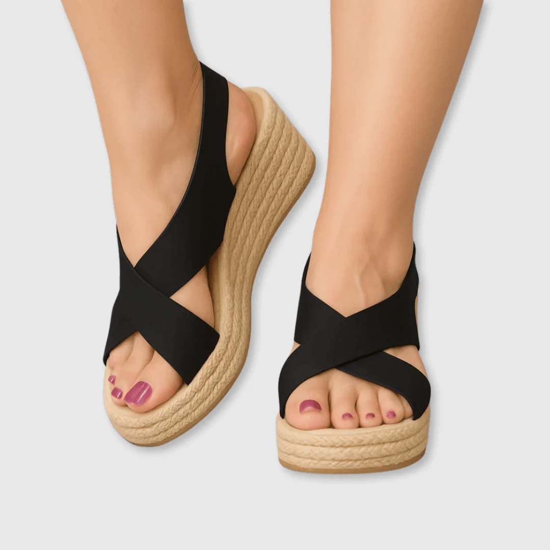 Petra - Women's Orthopaedic Strap Wedge Sandals - Sandals - Black - Taylor & Bennett