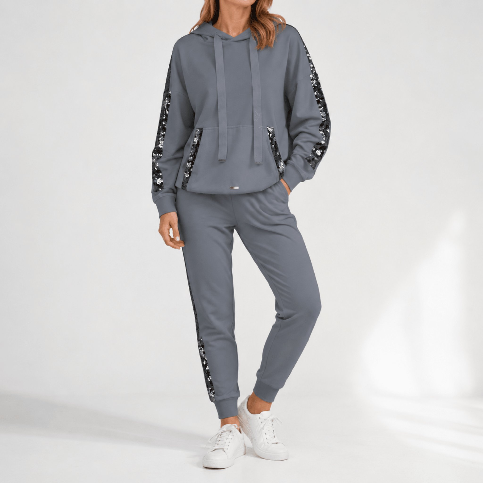 Phoebe - Women's Contrast Side Stripe Hoodie and Jogger Co-ord - Outfit Sets - Grey - Taylor & Bennett