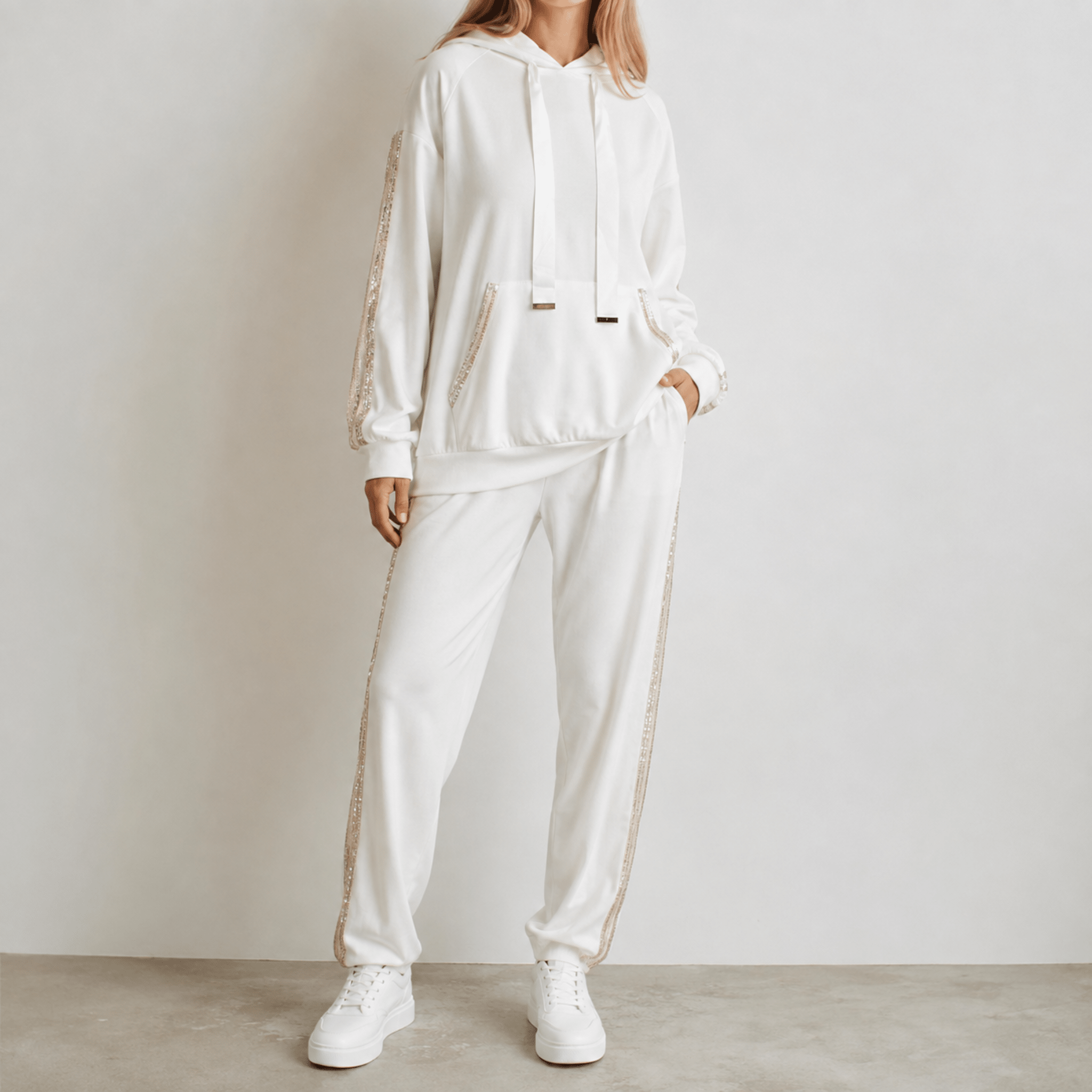 Phoebe - Women's Contrast Side Stripe Hoodie and Jogger Co-ord - Outfit Sets - White - Taylor & Bennett
