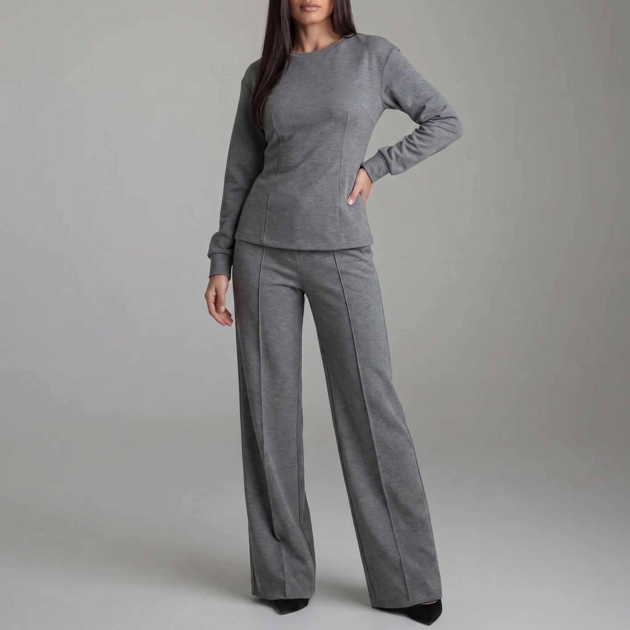Phoebe - Women's Long Sleeve Wide-Leg Trouser Co-ord Set - Outfit Sets - Grey - Taylor & Bennett