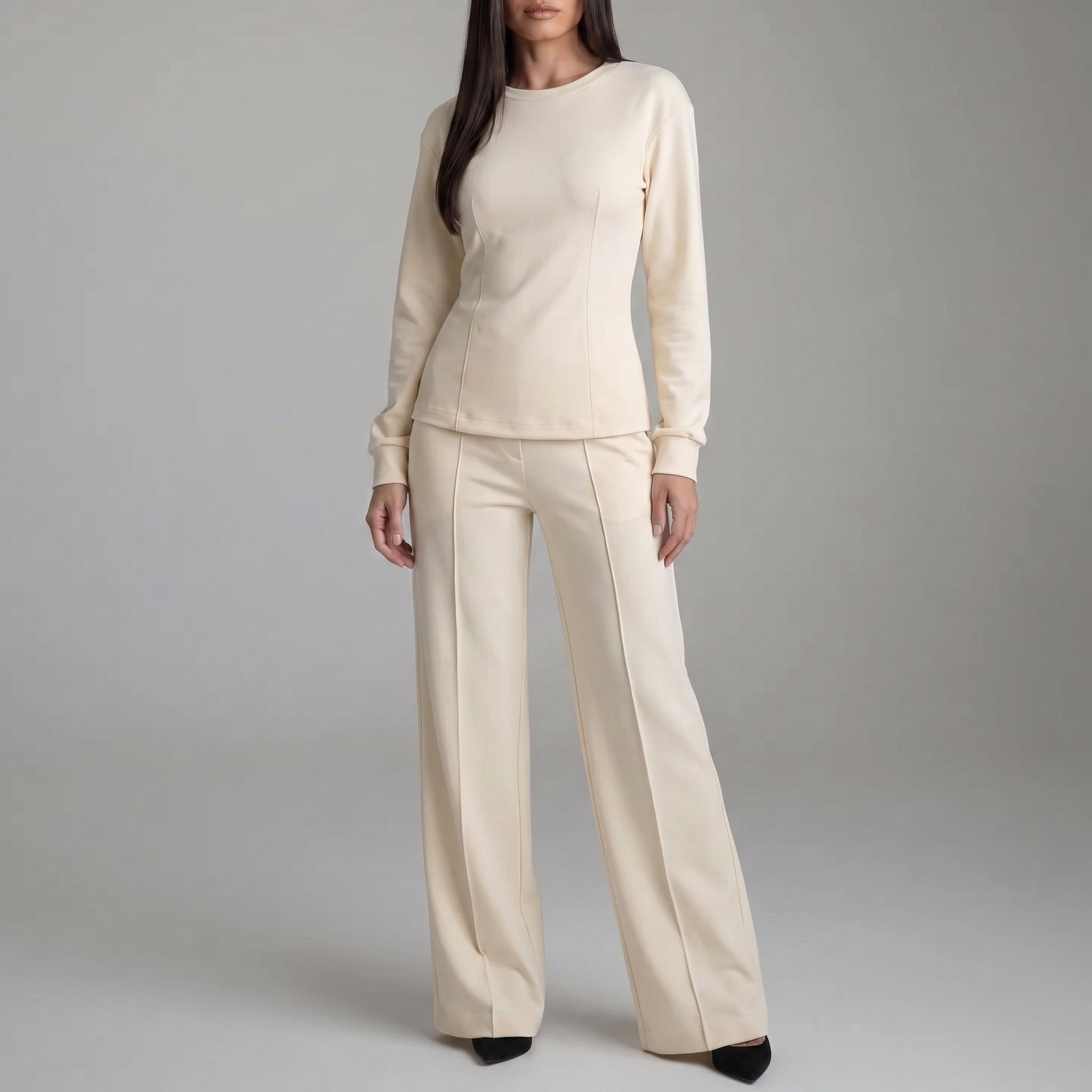 Phoebe - Women's Long Sleeve Wide-Leg Trouser Co-ord Set - Outfit Sets - Cream - Taylor & Bennett