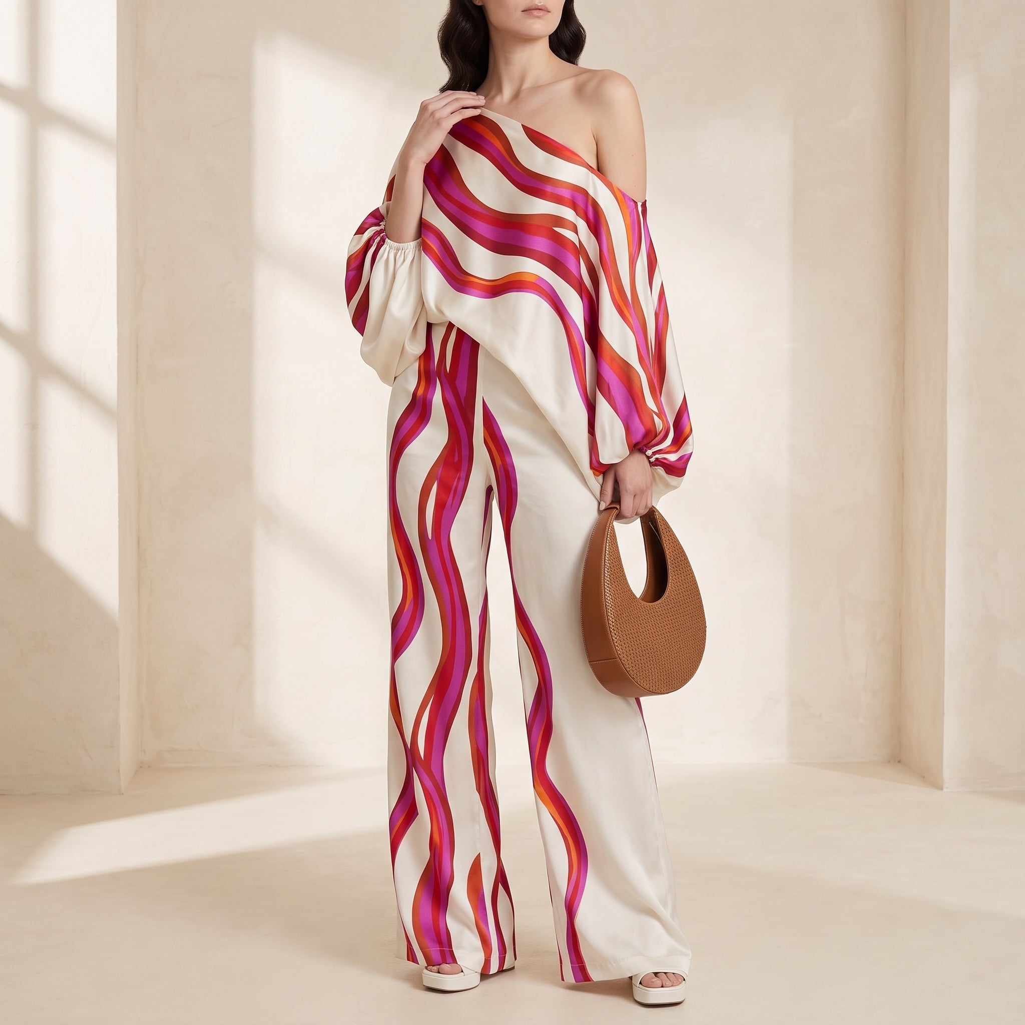 Phoebe - Women's Off-Shoulder Abstract Print Wide-Leg Co-ord Set - 2-Piece Sets - Red - Taylor & Bennett