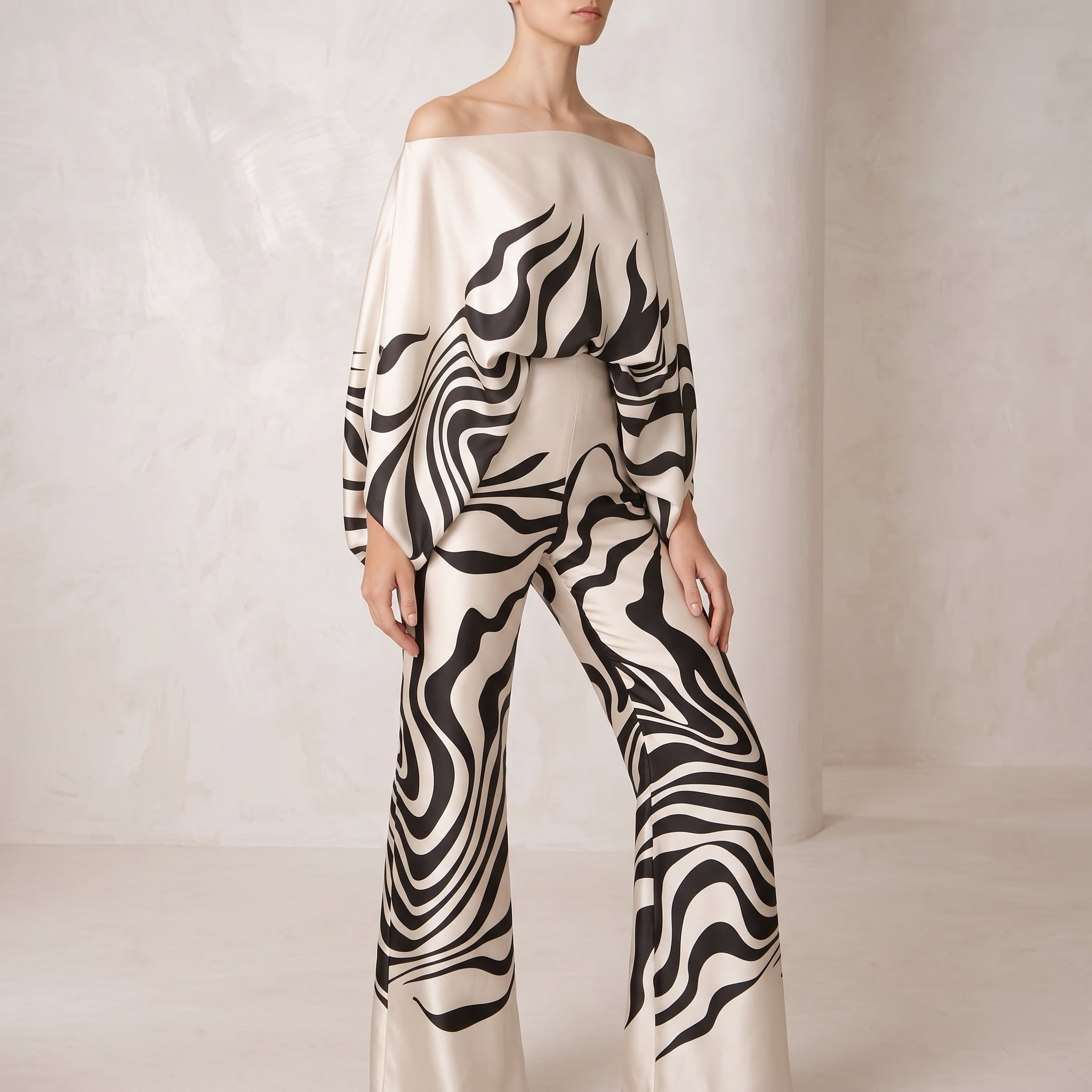 Phoebe - Women's Off-Shoulder Abstract Print Wide-Leg Co-ord Set - 2-Piece Sets - Black - Taylor & Bennett