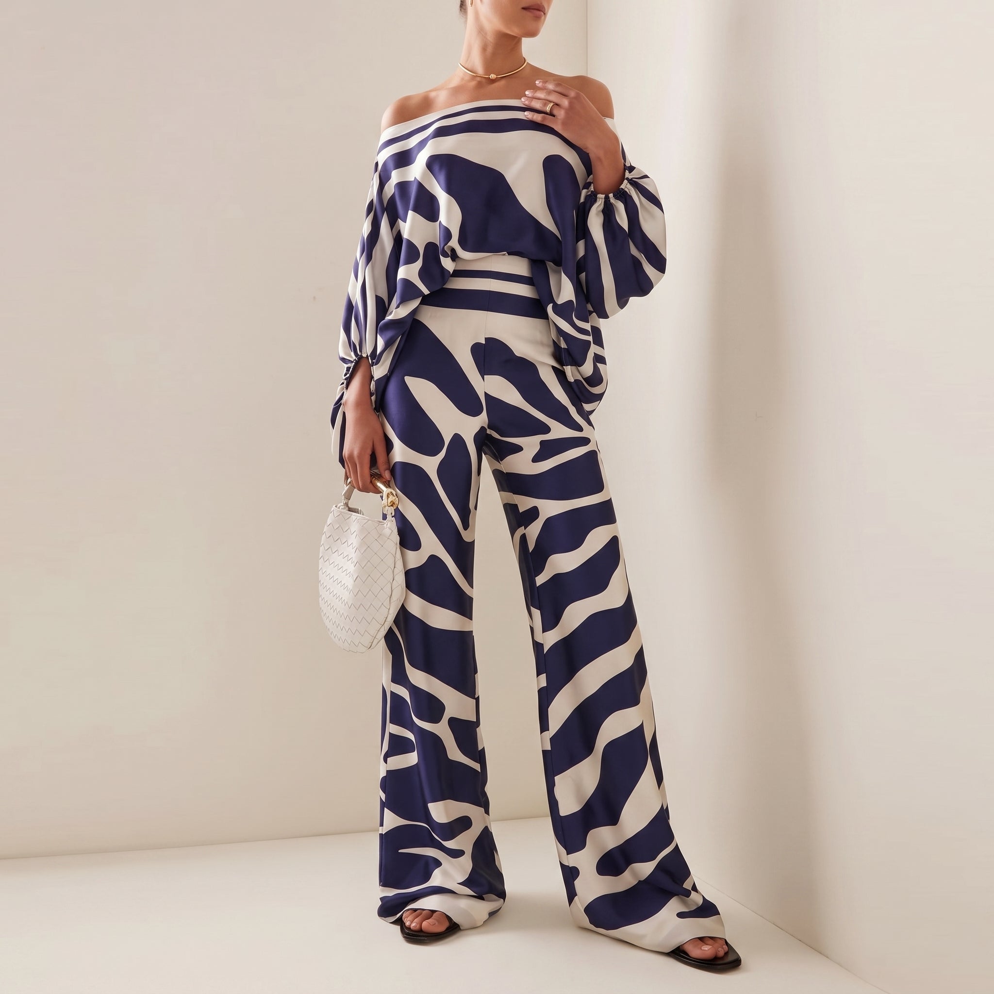 Phoebe - Women's Off-Shoulder Abstract Print Wide-Leg Co-ord Set - 2-Piece Sets - Blue - Taylor & Bennett