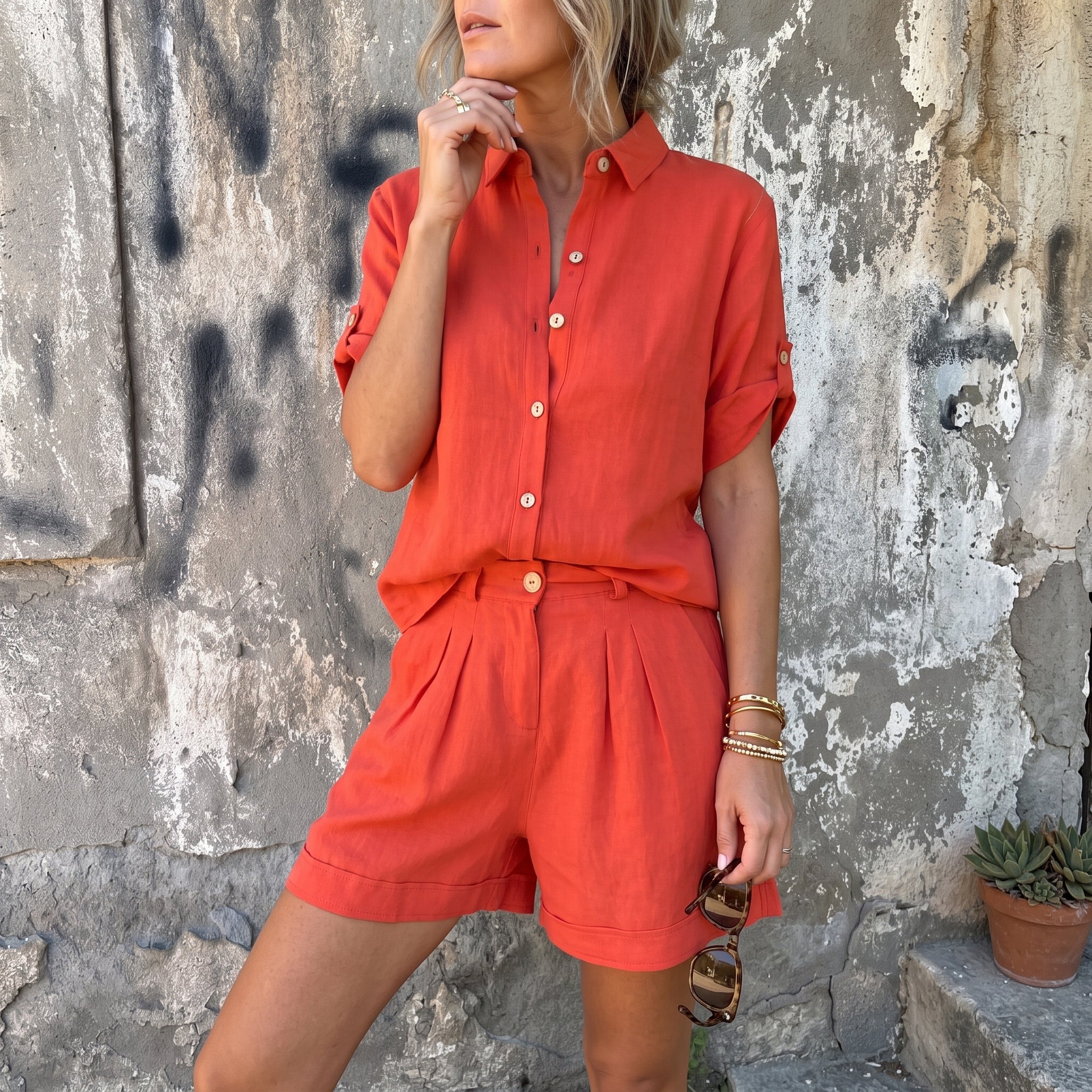 Phoebe - Women's Relaxed Fit Button-Down Shirt Co-ord Set - Casual Set - Orange - Taylor & Bennett