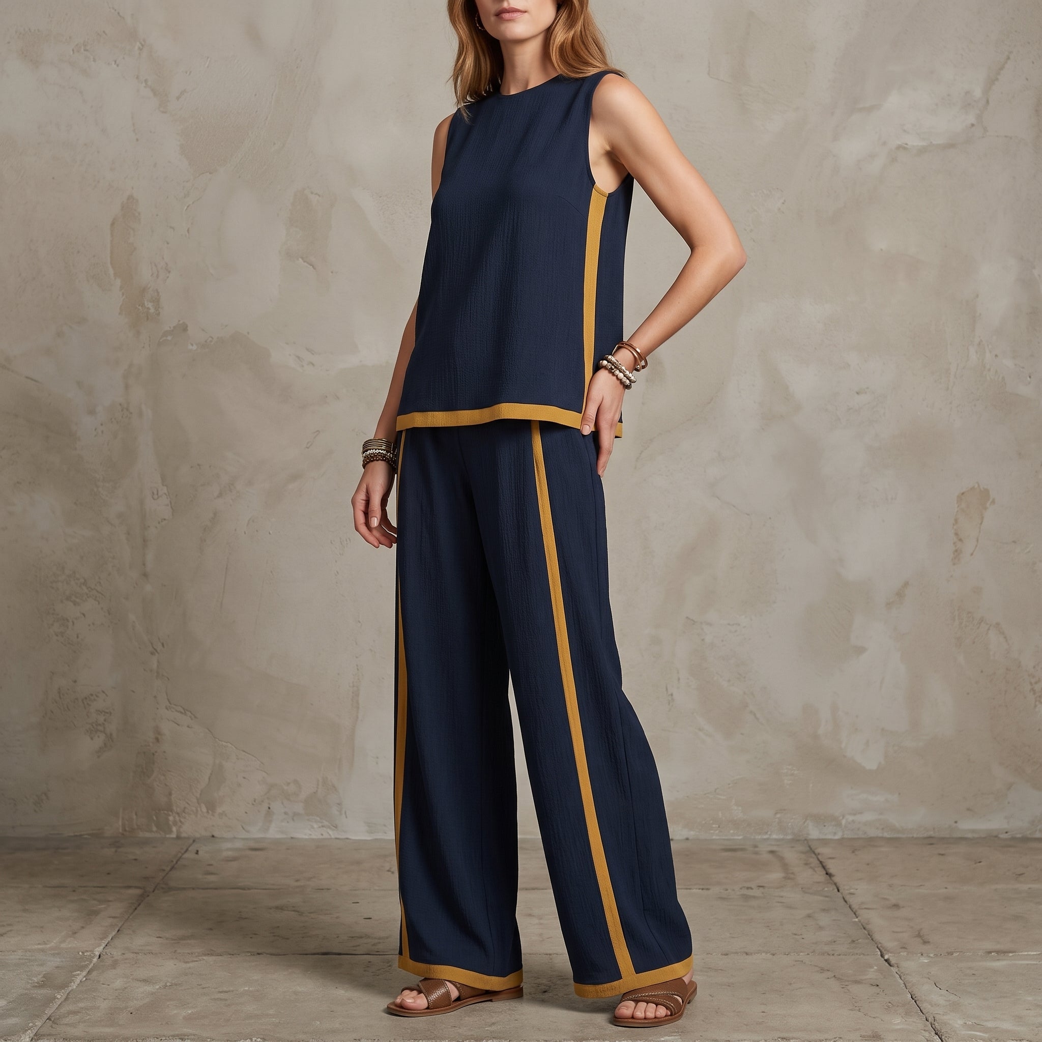 Phoebe - Women's Sleeveless Contrast Trim Wide-Leg Co-ord Set - 2 Piece Set - Navy Blue - Taylor & Bennett