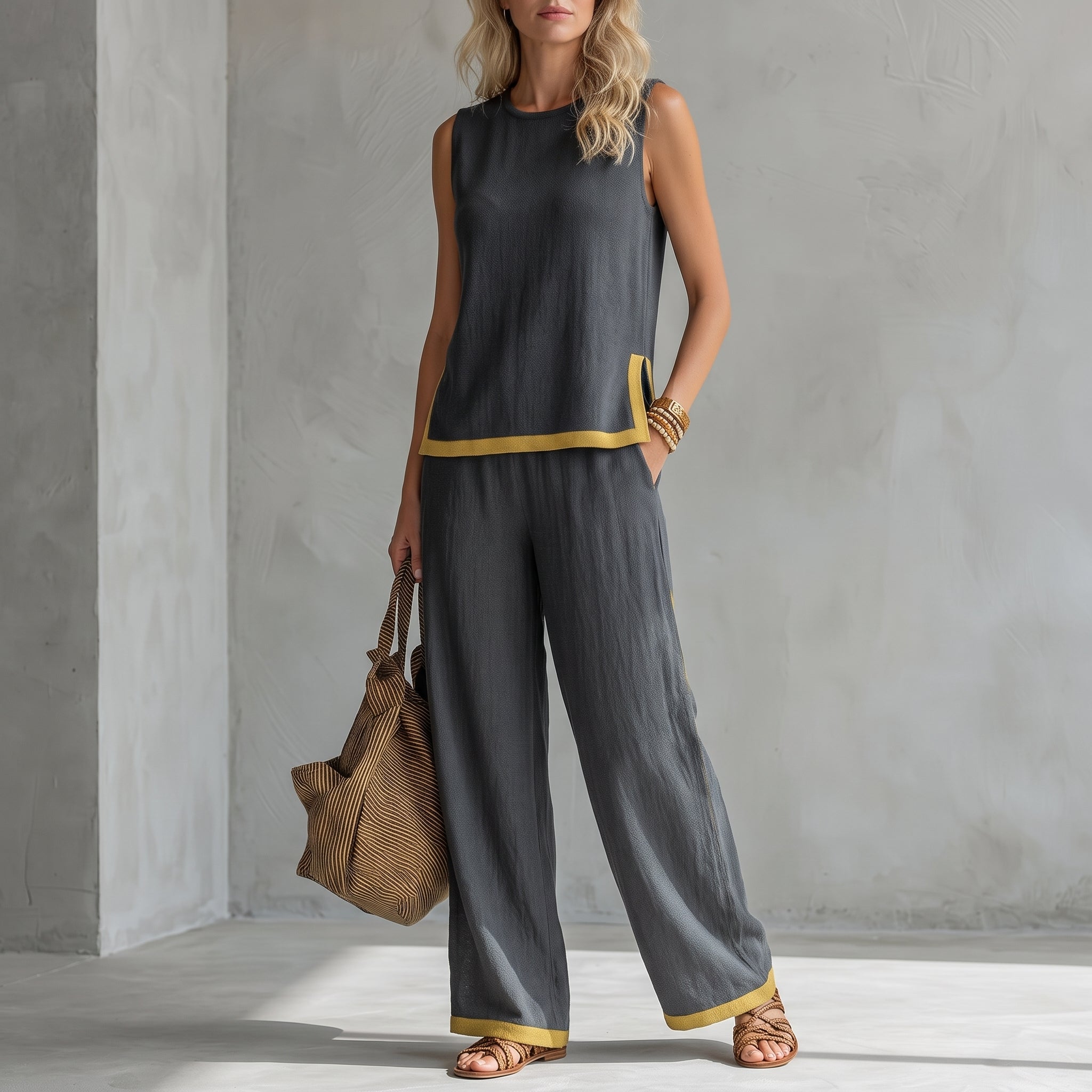 Phoebe - Women's Sleeveless Contrast Trim Wide-Leg Co-ord Set - 2 Piece Set - Grey - Taylor & Bennett