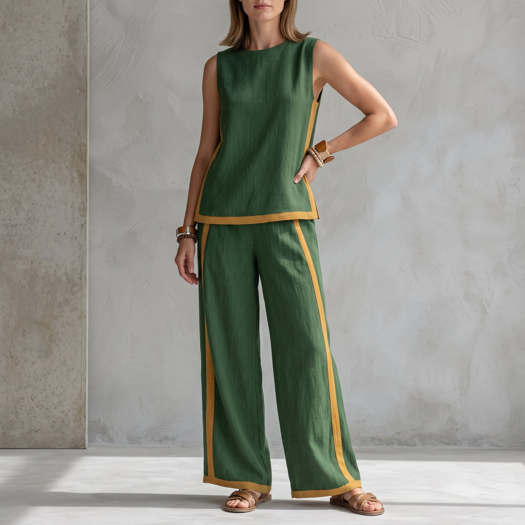 Phoebe - Women's Sleeveless Contrast Trim Wide-Leg Co-ord Set - 2 Piece Set - Green - Taylor & Bennett