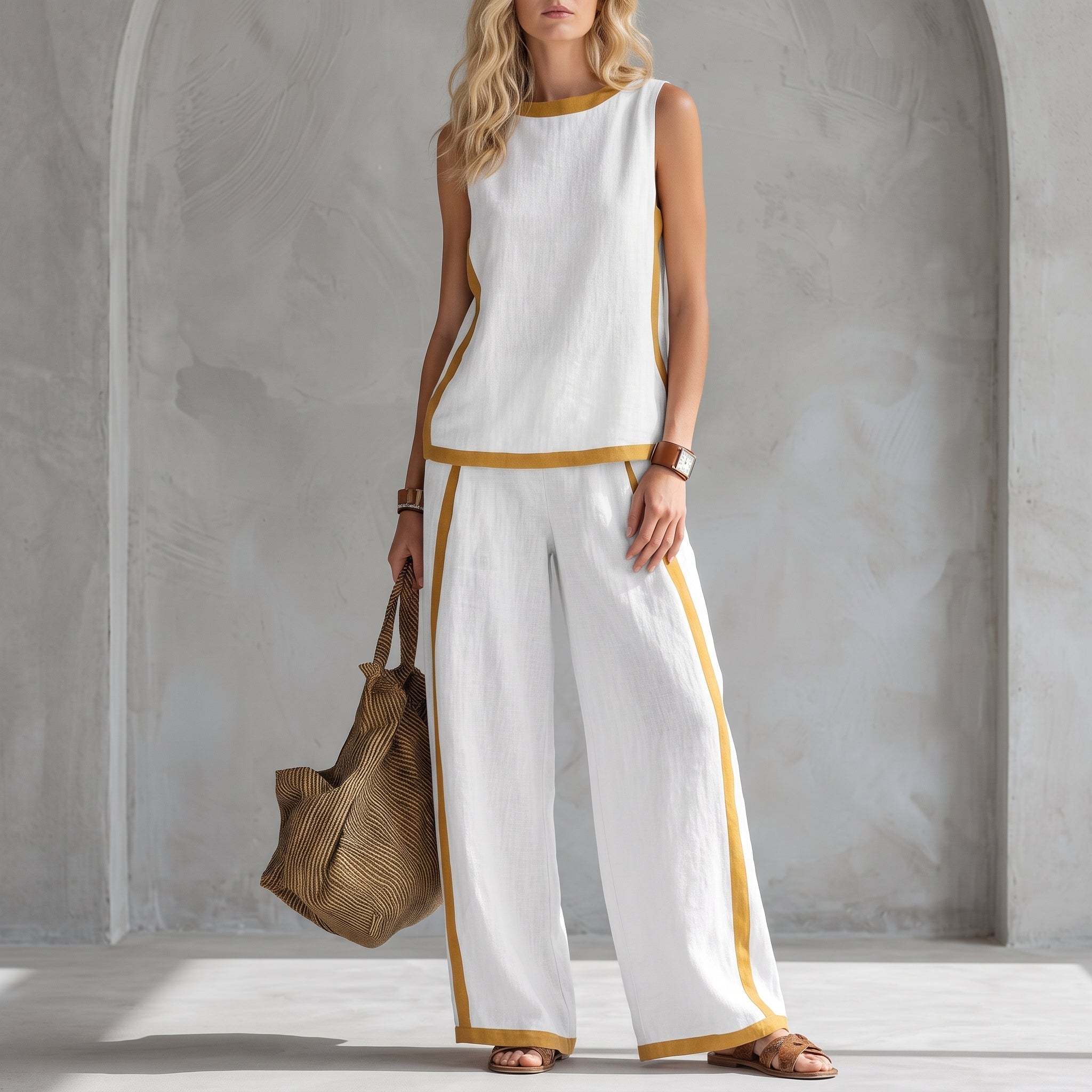 Phoebe - Women's Sleeveless Contrast Trim Wide-Leg Co-ord Set - 2 Piece Set - White - Taylor & Bennett