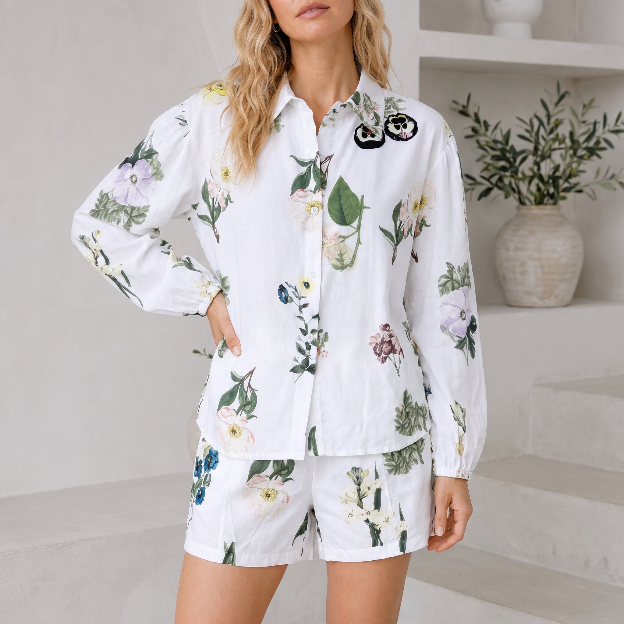 Phoebe - Women's Summer Floral Print Long Sleeve Shirt Co-ord Set - Outfit set - Beige - Taylor & Bennett