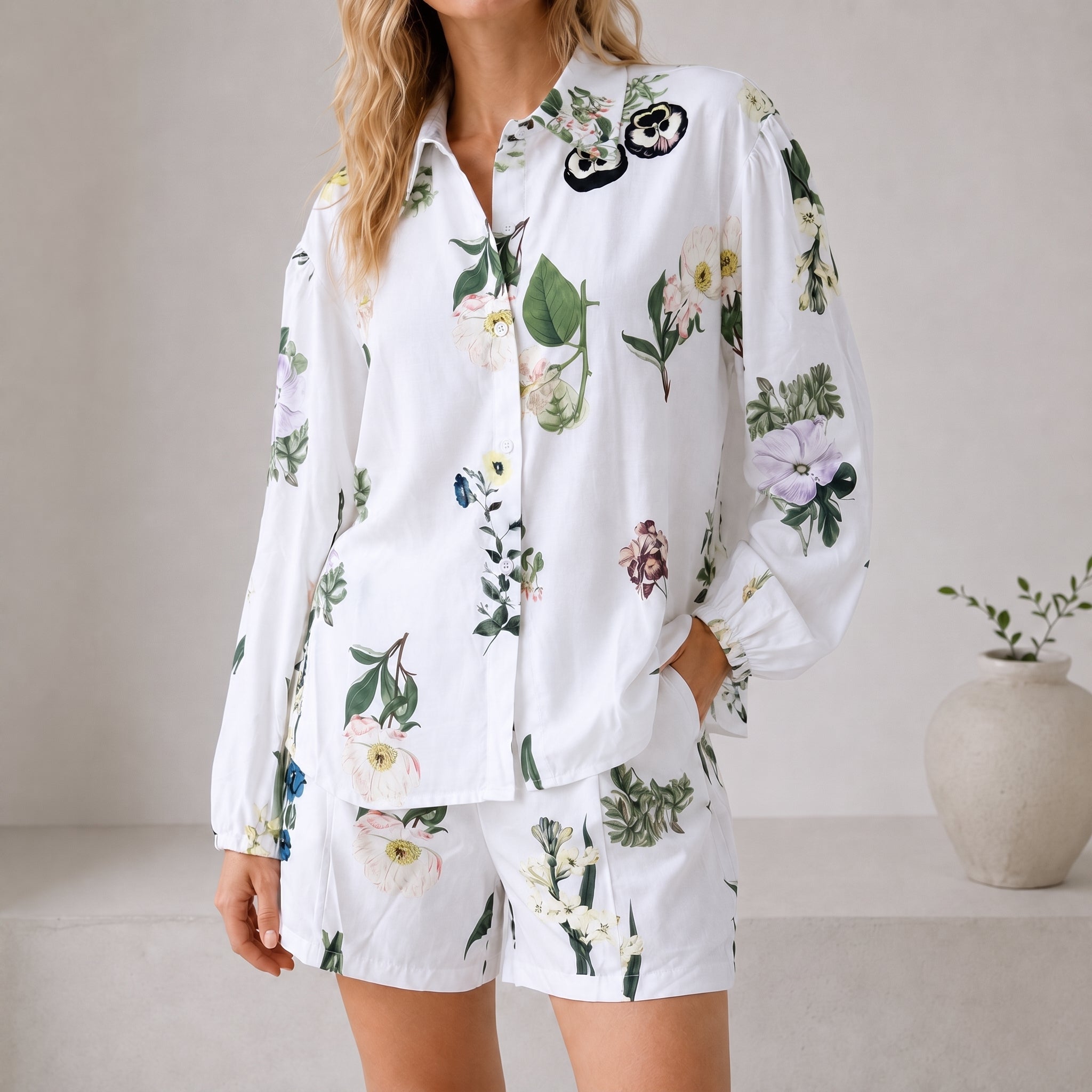 Phoebe - Women's Summer Floral Print Long Sleeve Shirt Co-ord Set - Outfit set - Beige - Taylor & Bennett