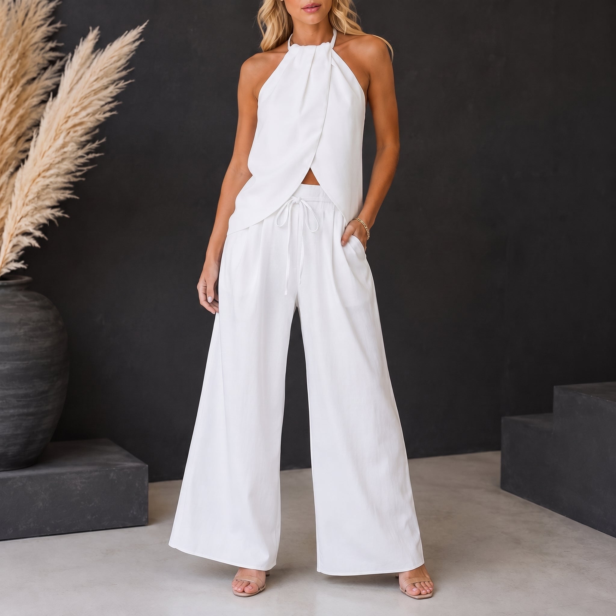 Phoebe - Women's Summer Halter Neck Wrap Top Trouser Co-ord Set - Outfit Sets - White - Taylor & Bennett