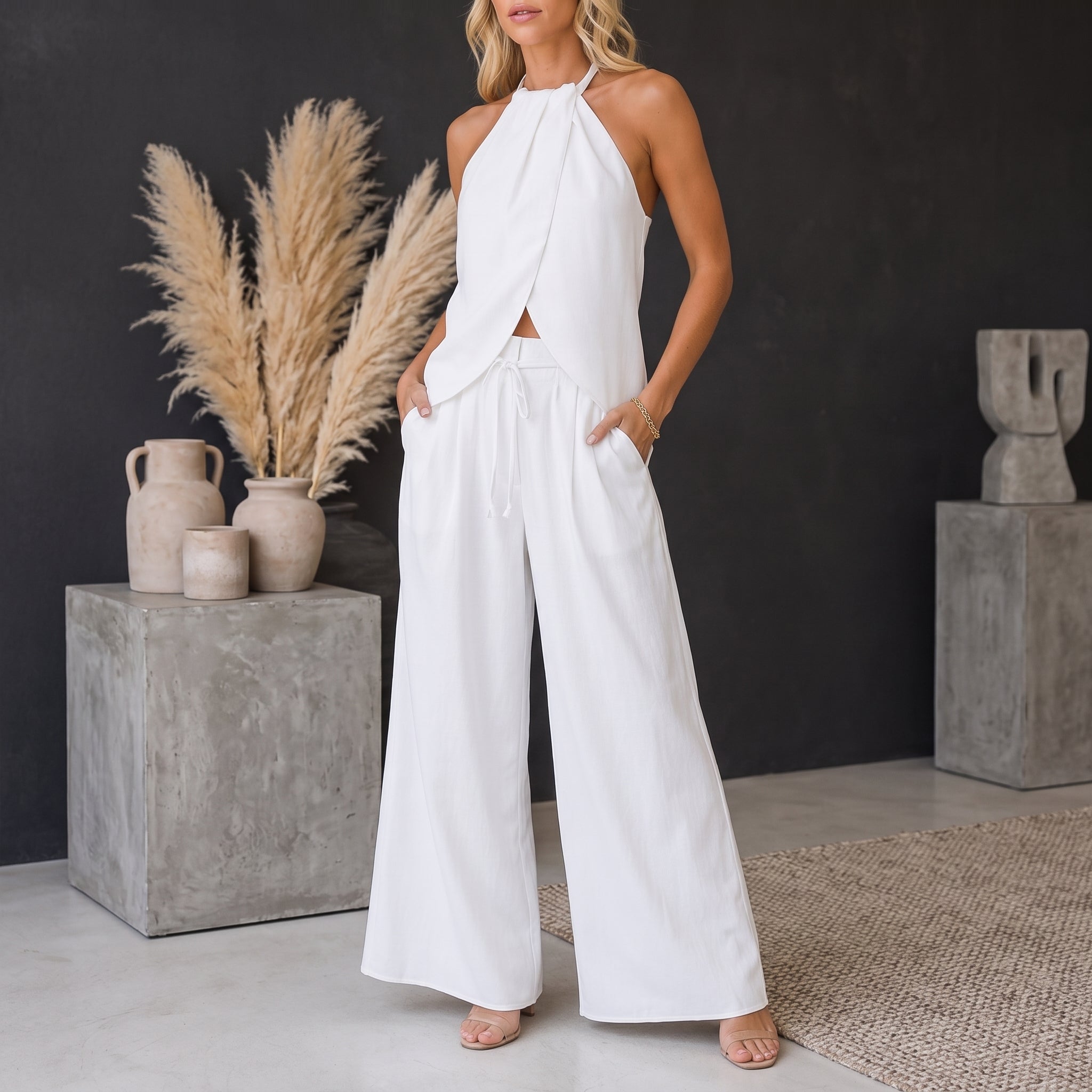 Phoebe - Women's Summer Halter Neck Wrap Top Trouser Co-ord Set - Outfit Sets - White - Taylor & Bennett