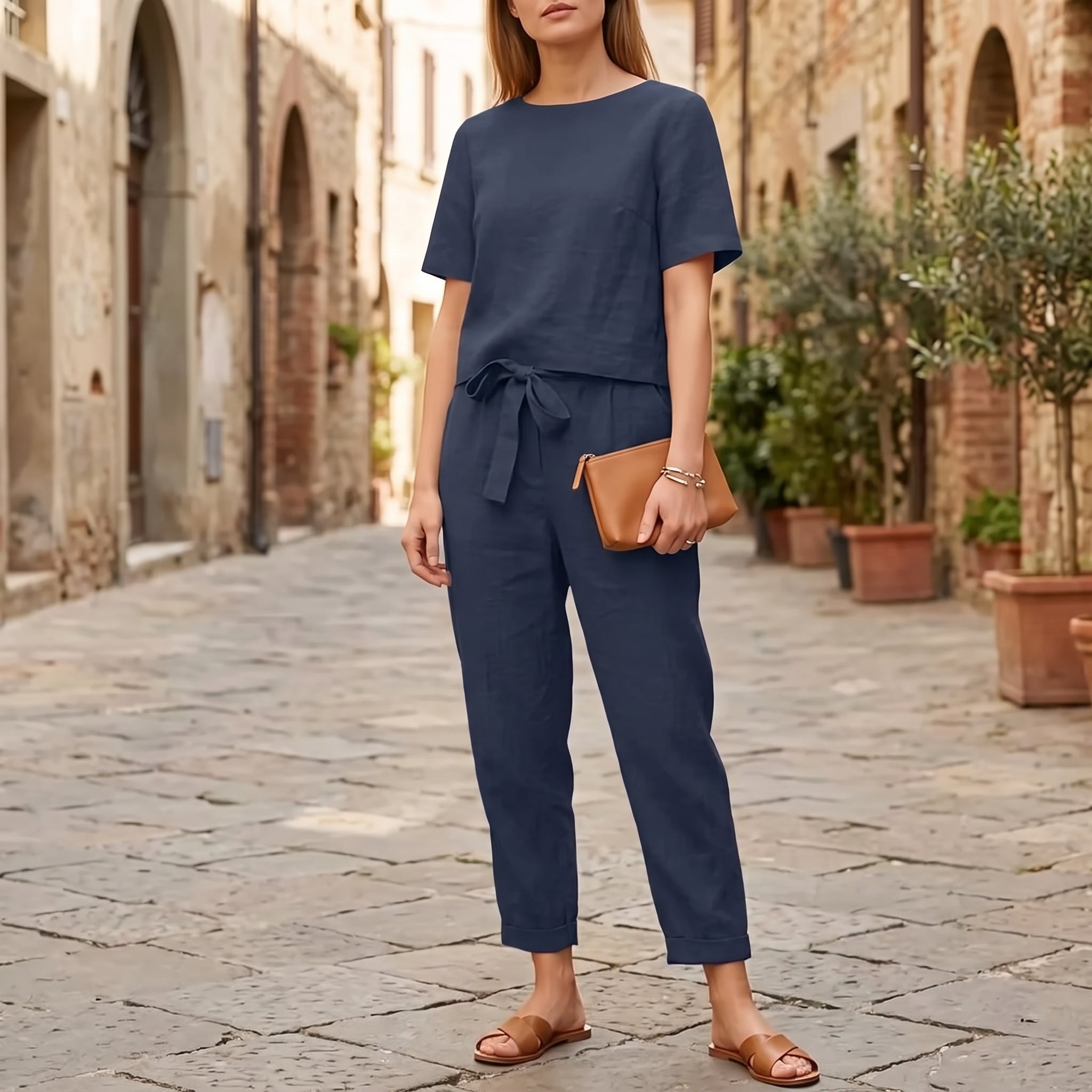 Phoebe - Women's Summer Short Sleeve Straight Leg Co-ord Set - Outfit Sets - Blue - Taylor & Bennett