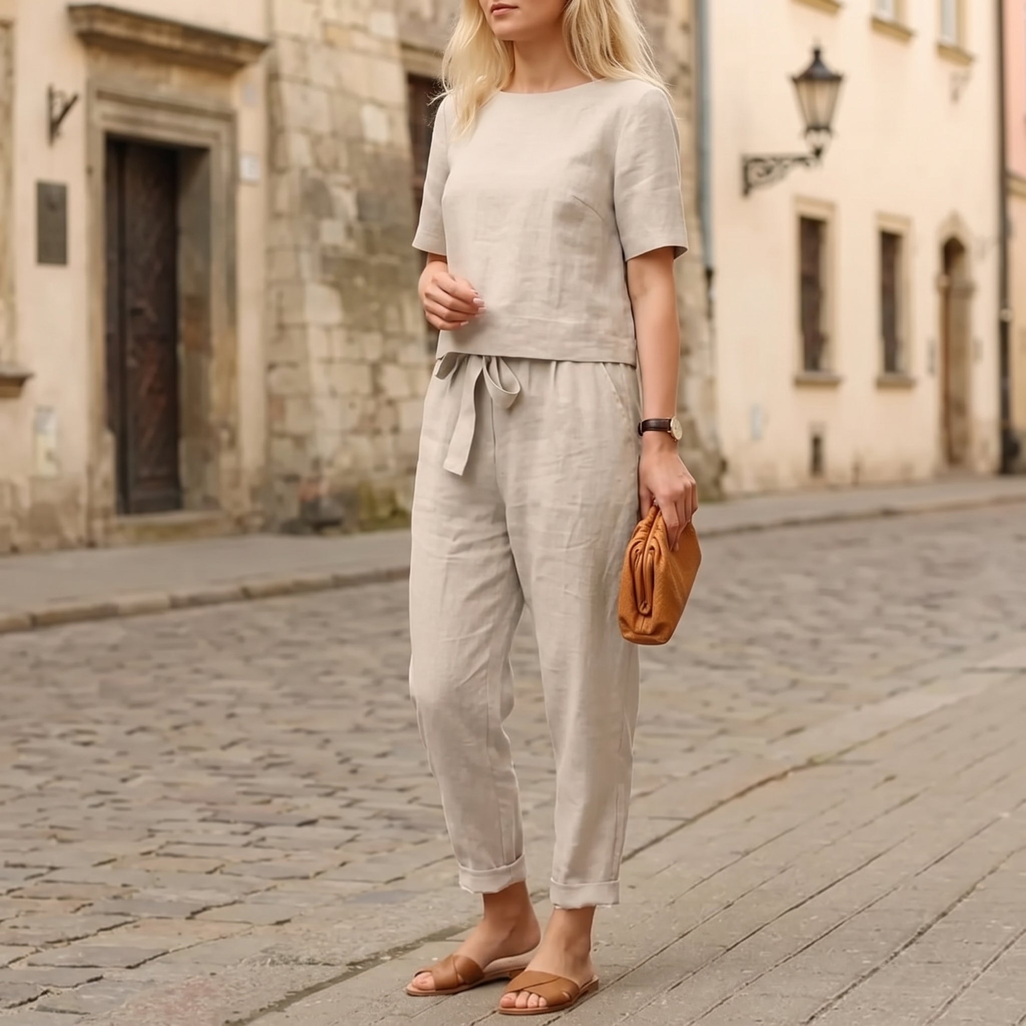 Phoebe - Women's Summer Short Sleeve Straight Leg Co-ord Set - Outfit Sets - Khaki - Taylor & Bennett