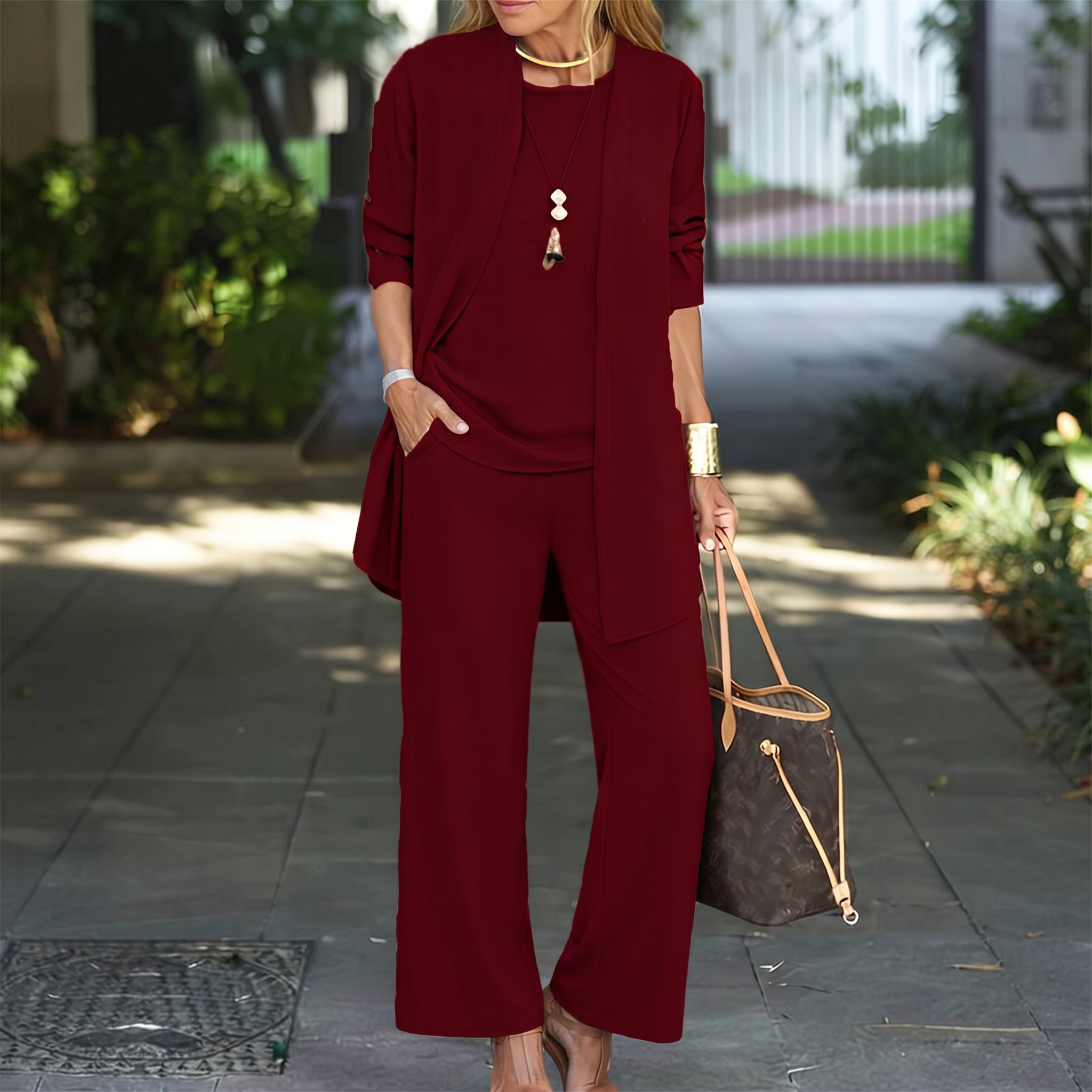Phoebe - Women's Three-Piece Relaxed Blazer Wide-Leg Trouser Set - 3 Piece Set - Wine Red - Taylor & Bennett