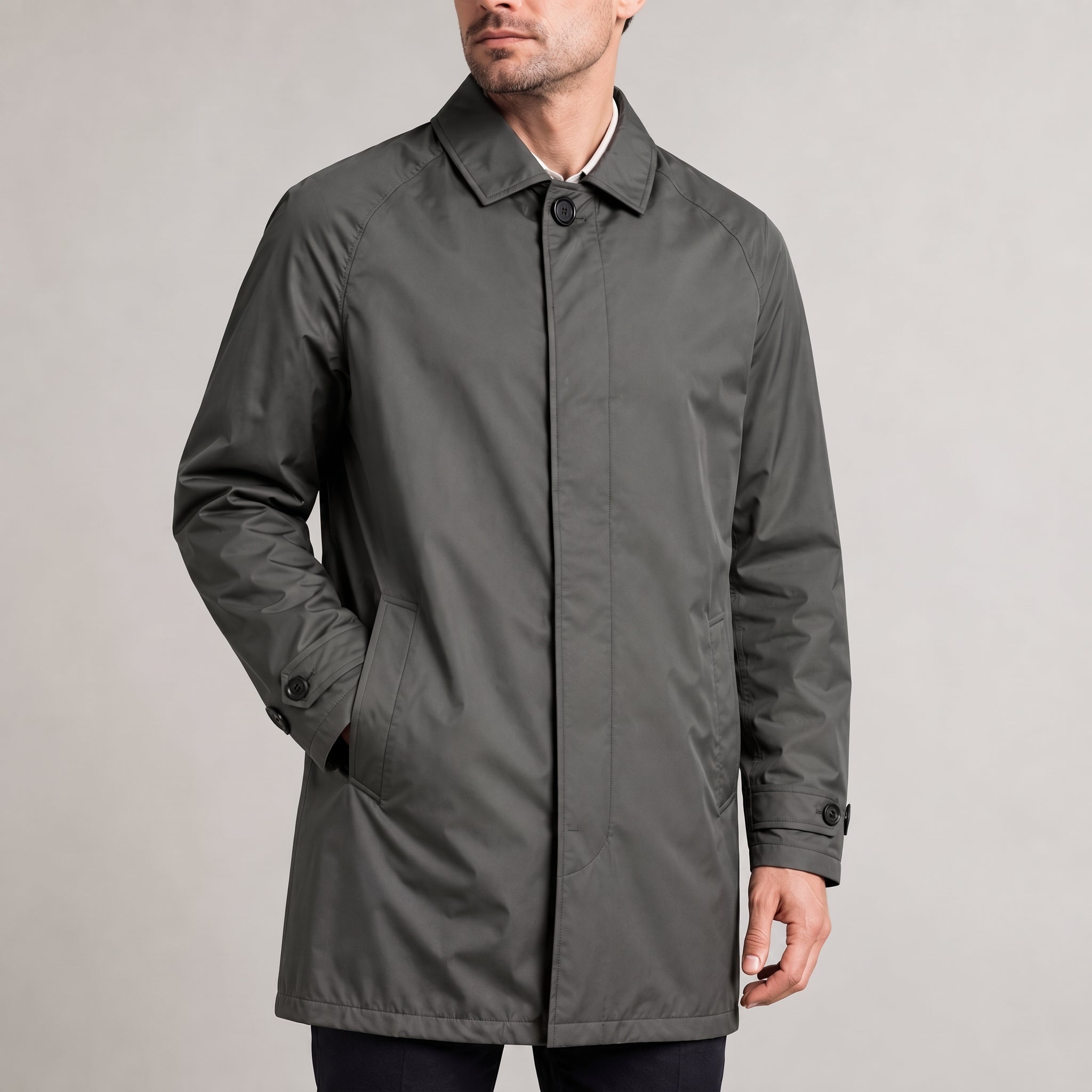 Rafael - Men's Button-Tab Flap Pocket Transitional Coat - Trench Coats - Grey - Taylor & Bennett