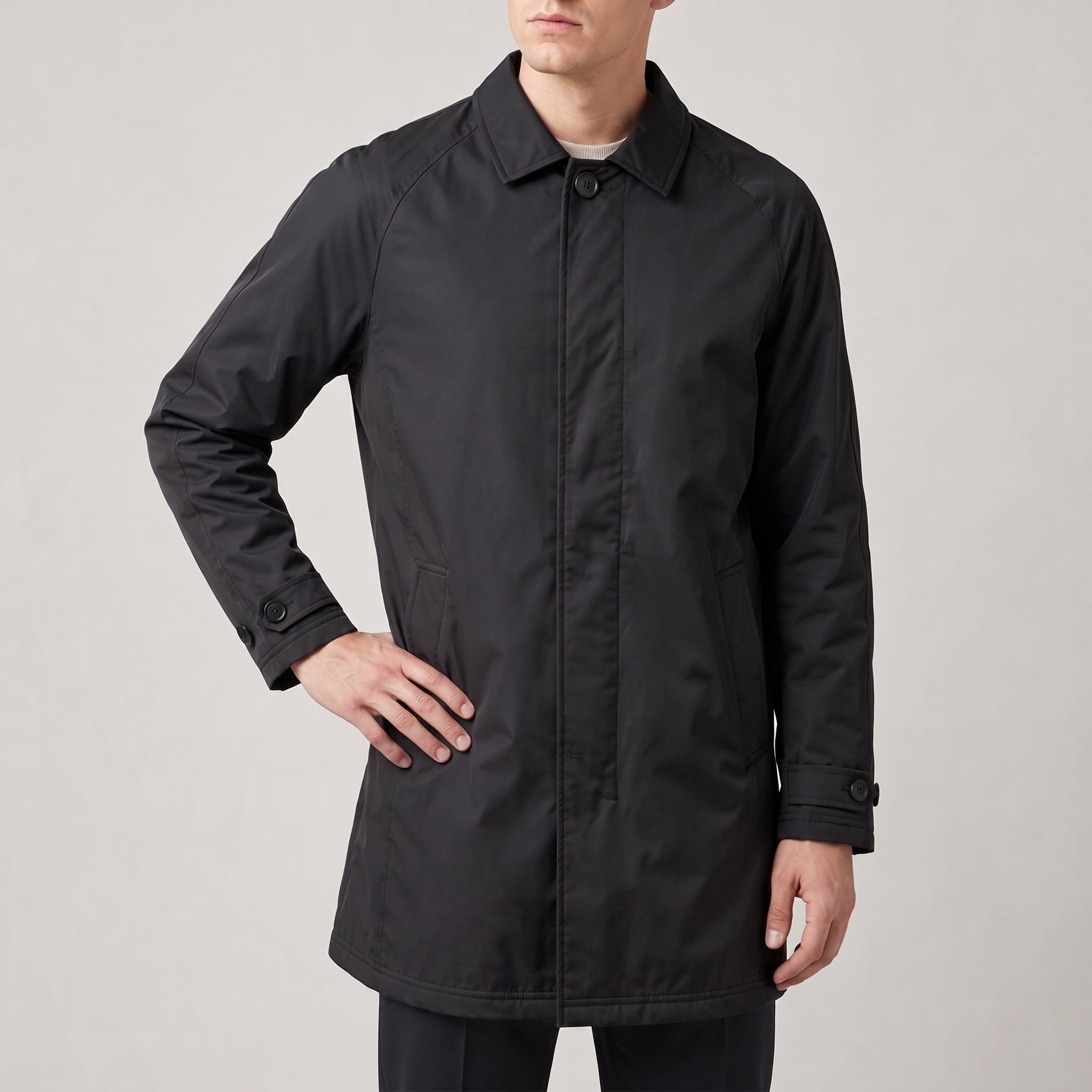 Rafael - Men's Button-Tab Flap Pocket Transitional Coat - Trench Coats - Black - Taylor & Bennett