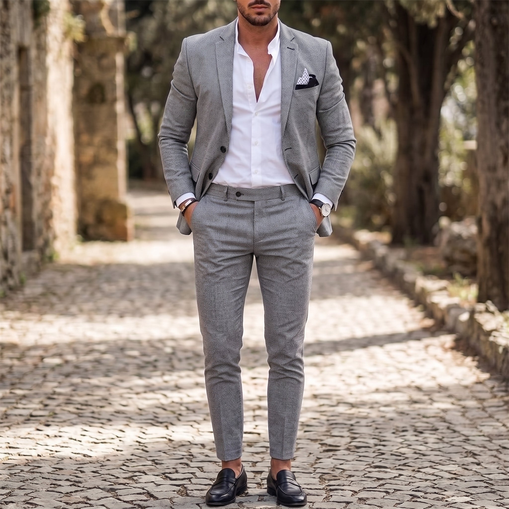 Reinhard - Men's Slim Fit Notch Lapel Two-Piece Wedding Guest Suit - Suit Sets - Grey - Taylor & Bennett