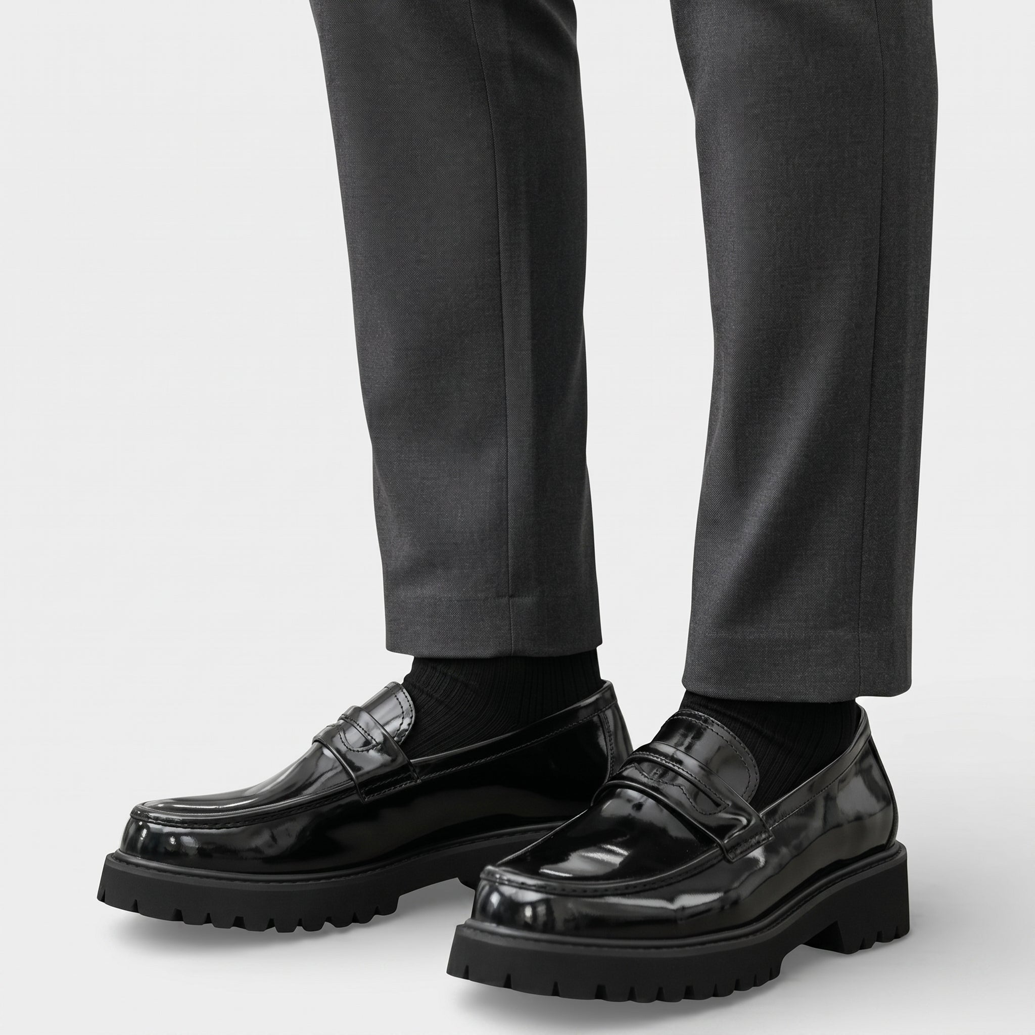 Richard - Men's Chunky Sole Penny Loafers - Loafers - Glossy Black - Taylor & Bennett