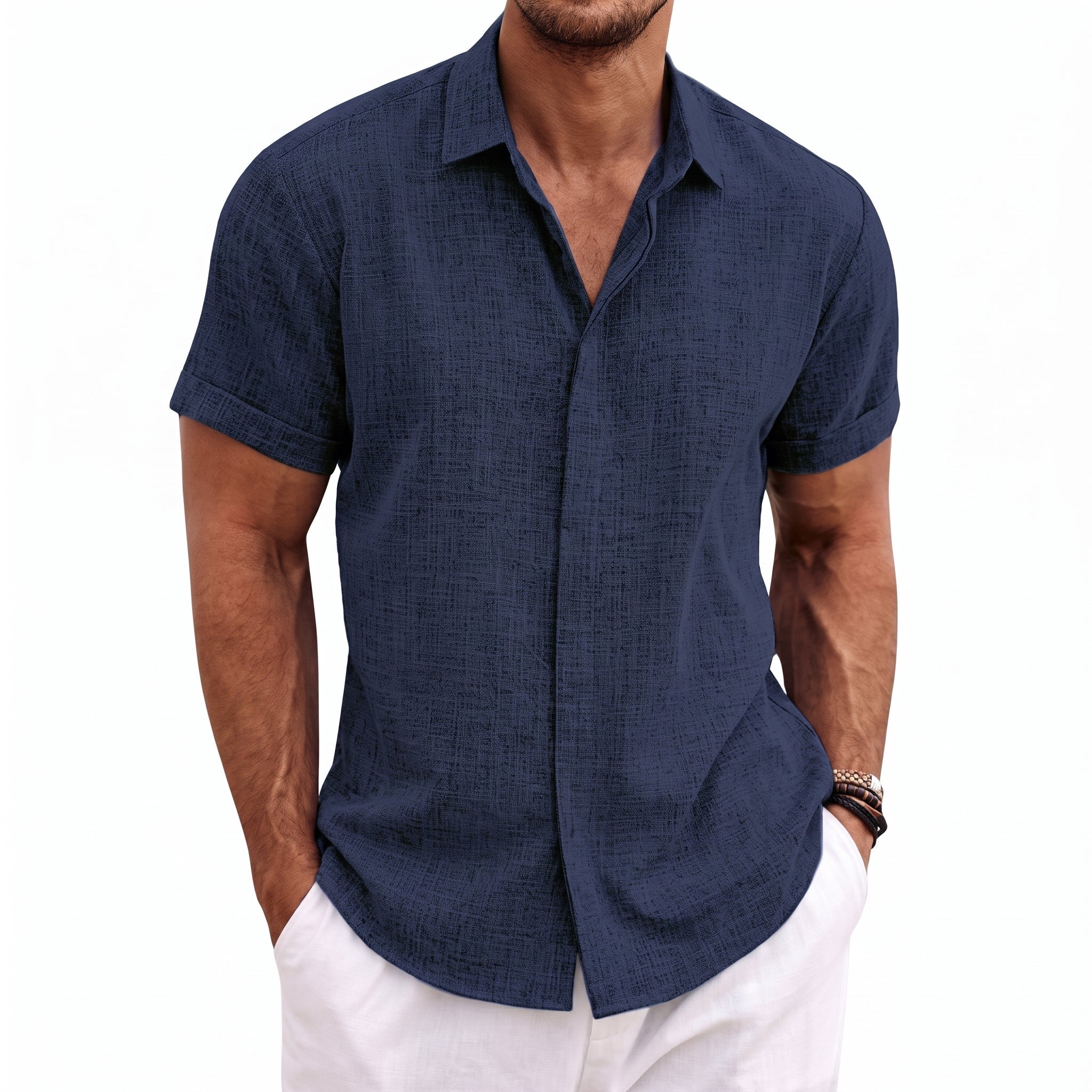 Robert - Men's Summer Concealed Placket Short Sleeve Casual Shirt - Shirts - Navy Blue - Taylor & Bennett