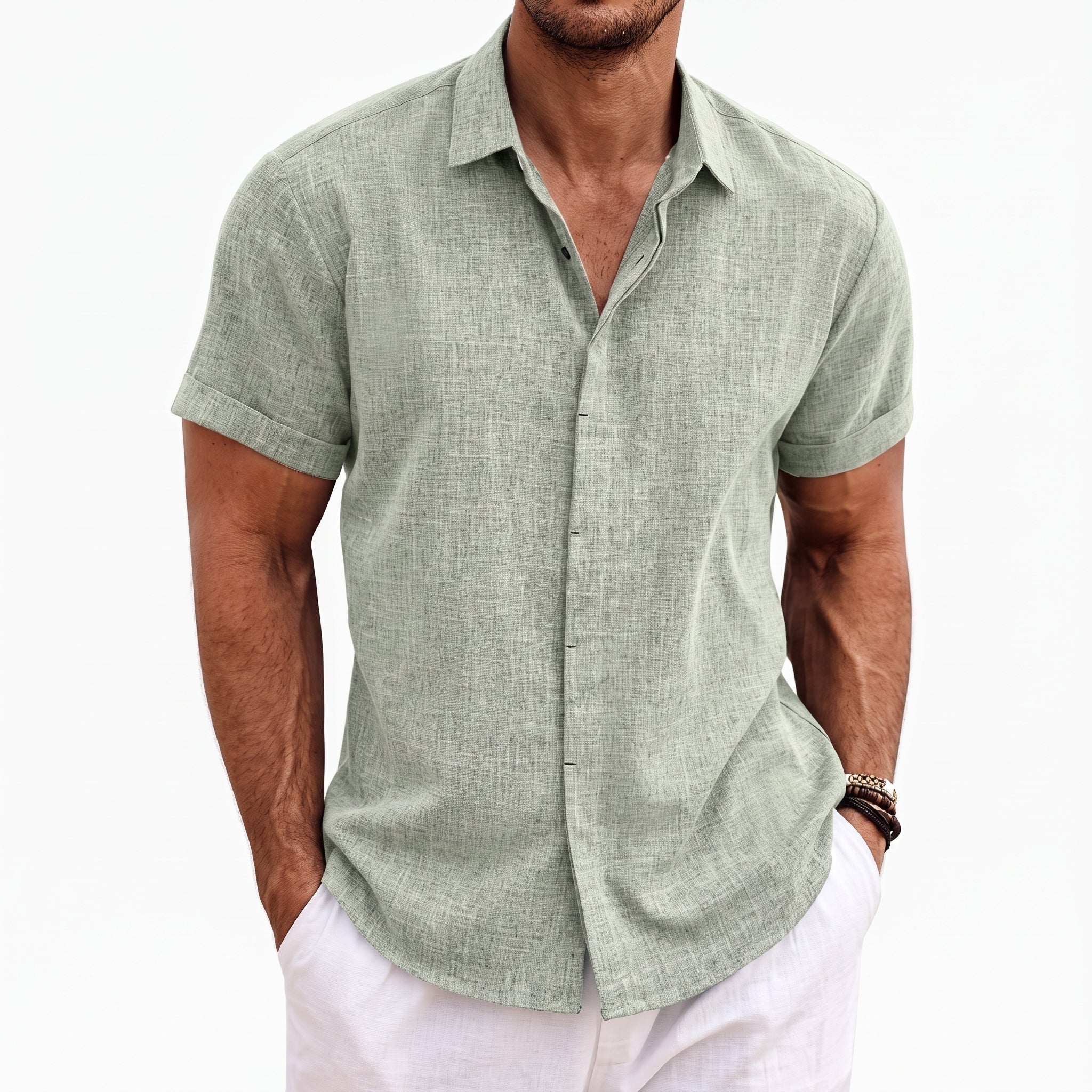 Robert - Men's Summer Concealed Placket Short Sleeve Casual Shirt - Shirts - Green - Taylor & Bennett