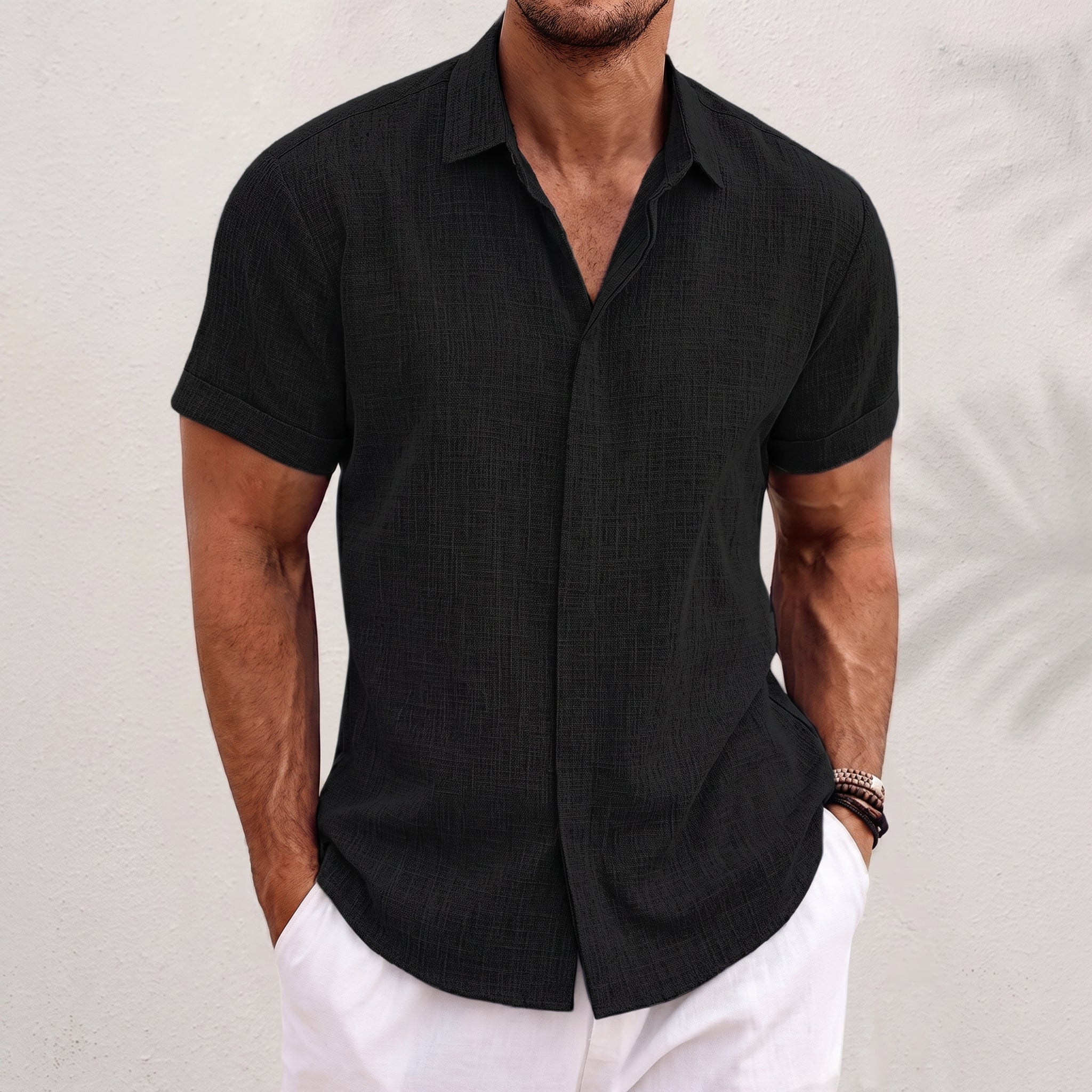Robert - Men's Summer Concealed Placket Short Sleeve Shirt - Shirts - Black - Taylor & Bennett