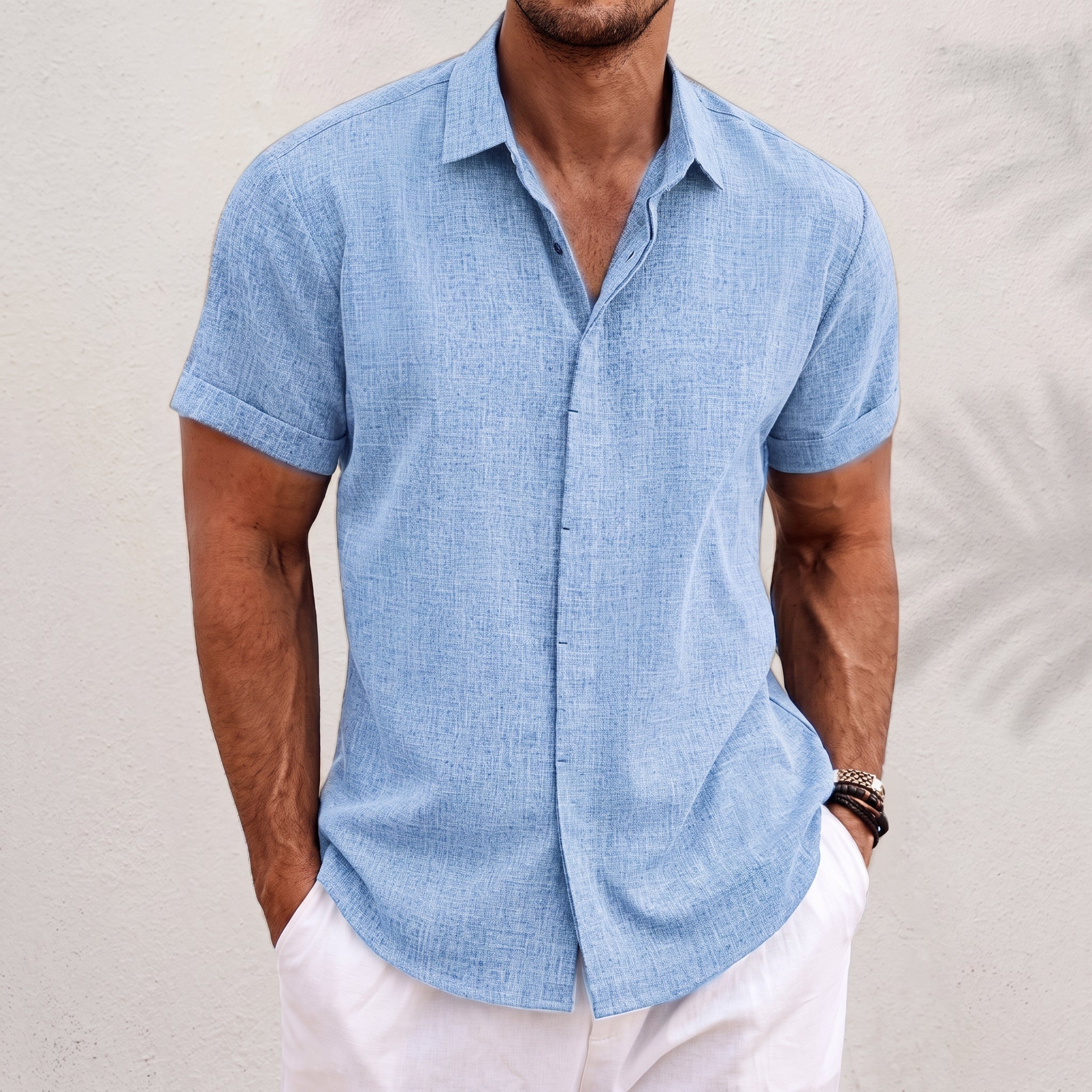 Robert - Men's Summer Concealed Placket Short Sleeve Shirt - Shirts - Light Blue - Taylor & Bennett