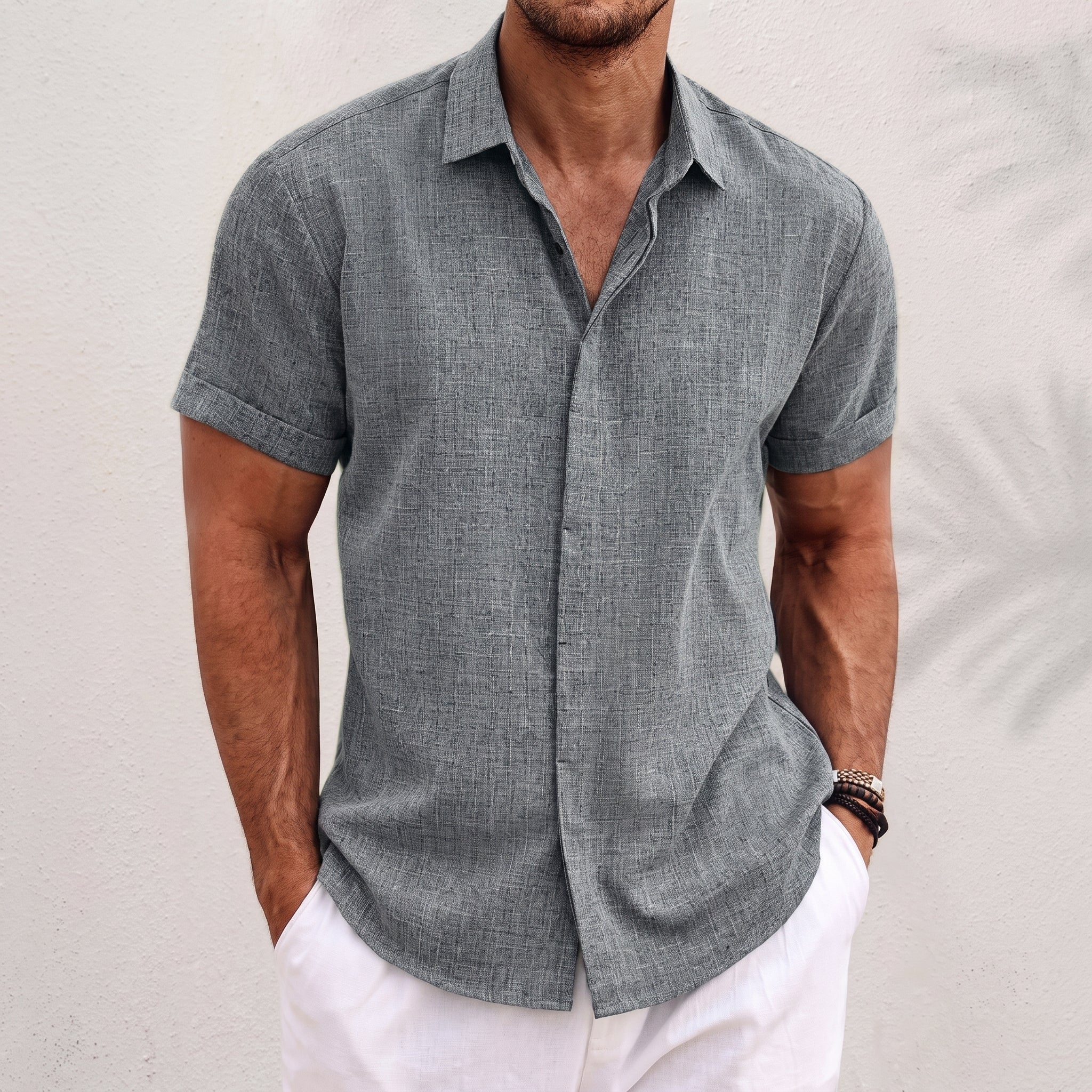 Robert - Men's Summer Concealed Placket Short Sleeve Shirt - Shirts - Grey - Taylor & Bennett