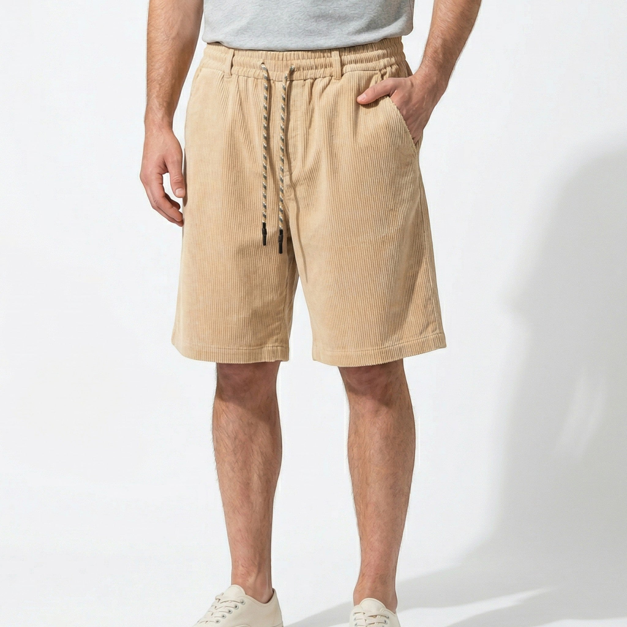 Roland - Men's Corduroy Drawstring Shorts - Corduroy pants - Beige - Taylor & Bennett