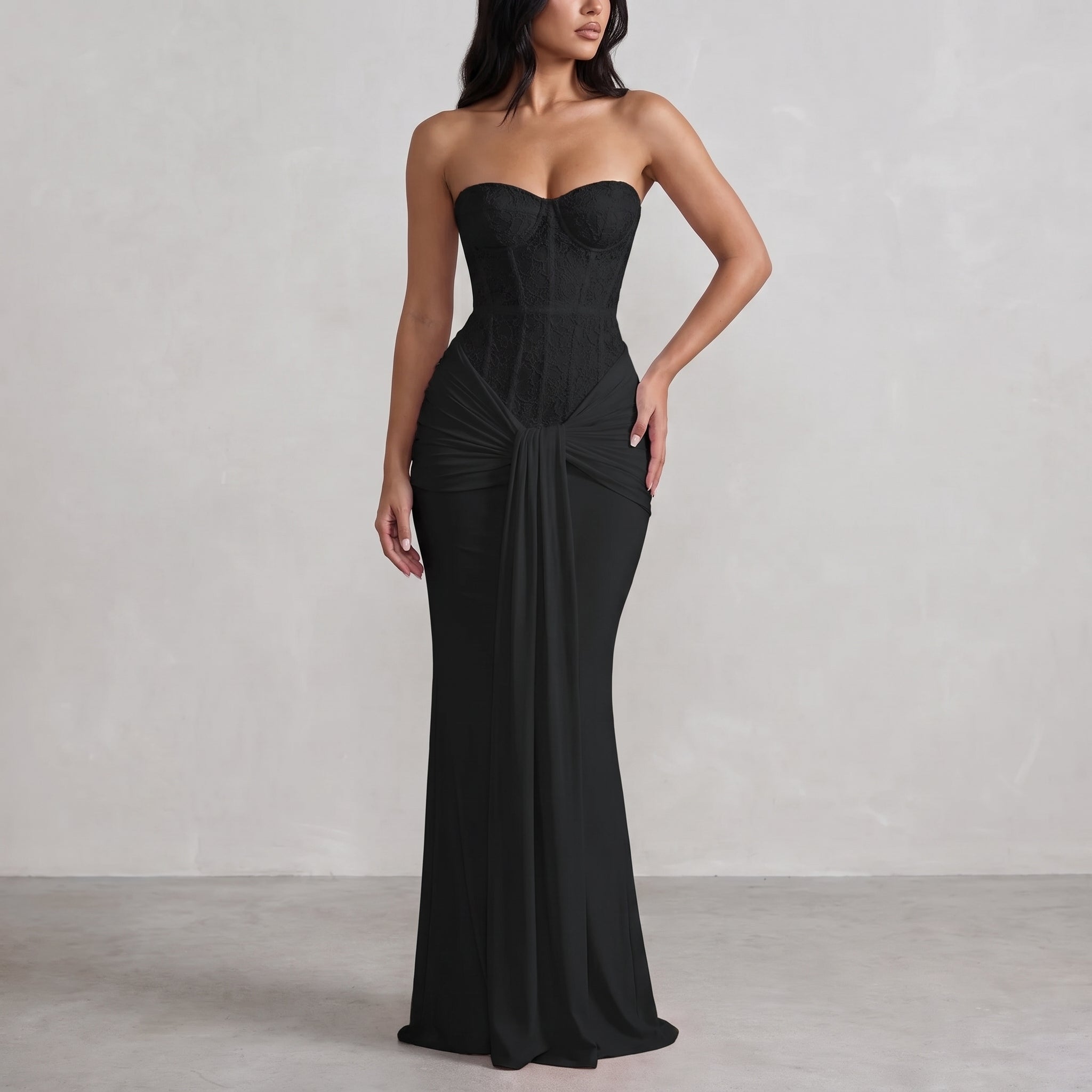 Rosa - Women's Evening Lace Corset Maxi Dress - Maxi Dress - Black - Taylor & Bennett