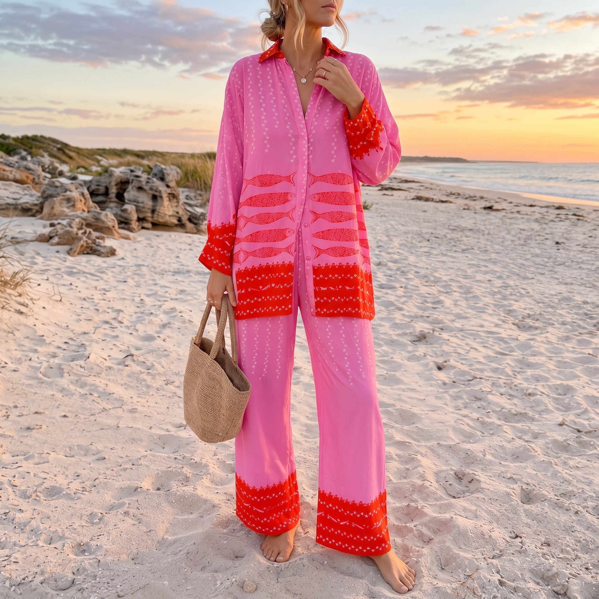 Rosa - Women's Printed Contrast Trim Wide-Leg Summer Co-ord Set - Outfit Sets - Pink - Taylor & Bennett