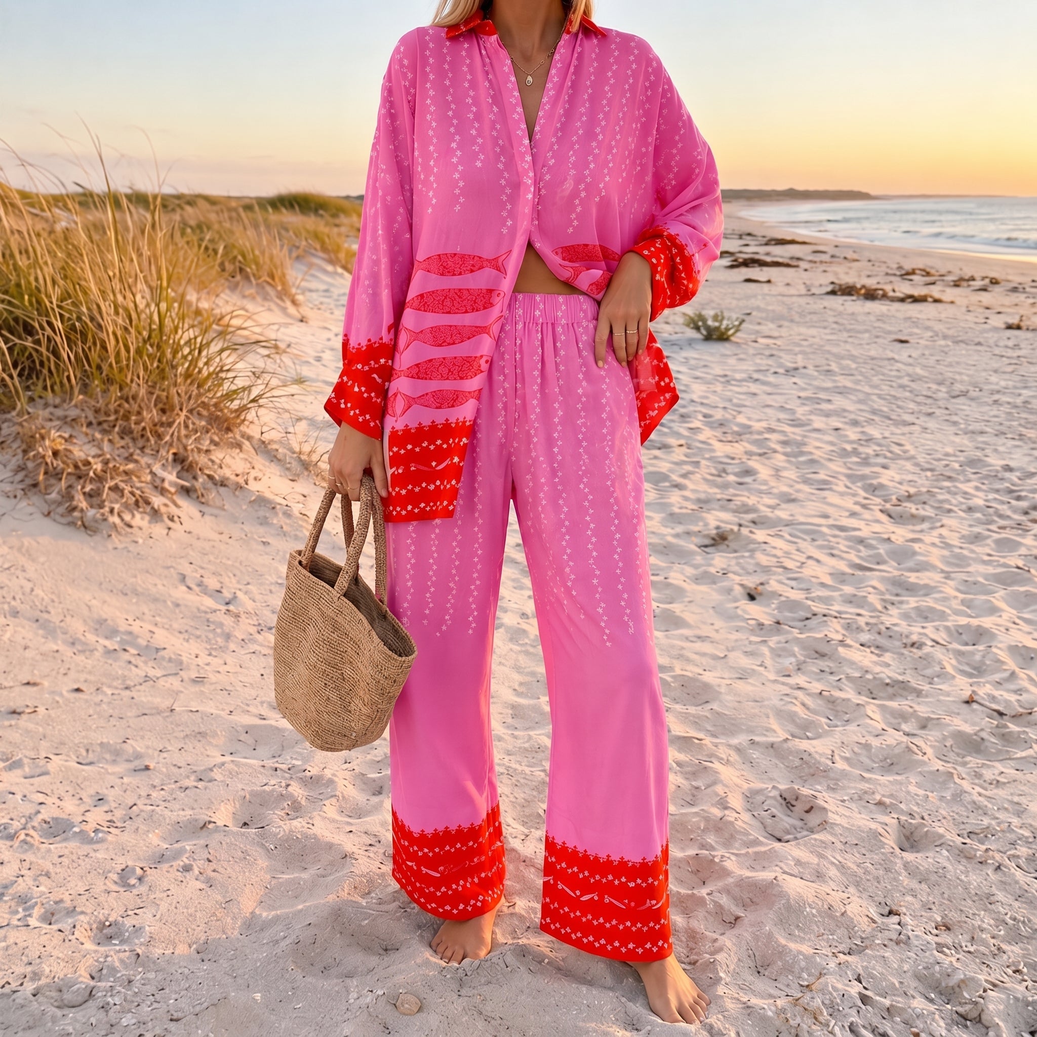 Rosa - Women's Printed Contrast Trim Wide-Leg Summer Co-ord Set - Outfit Sets - Pink - Taylor & Bennett