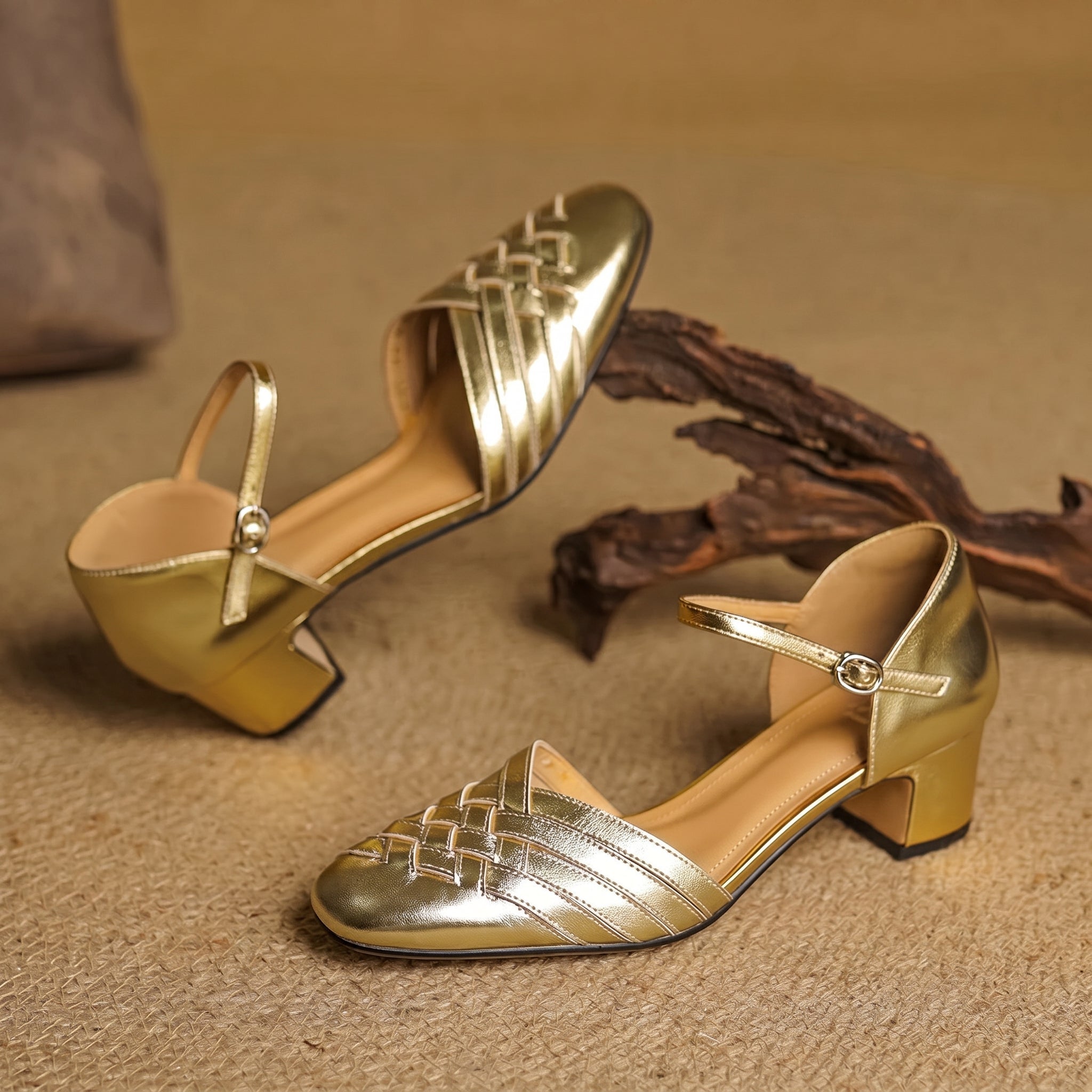 Rosa - Women's Woven Pumps with Buckle Ankle Strap - Heels - Gold - Taylor & Bennett