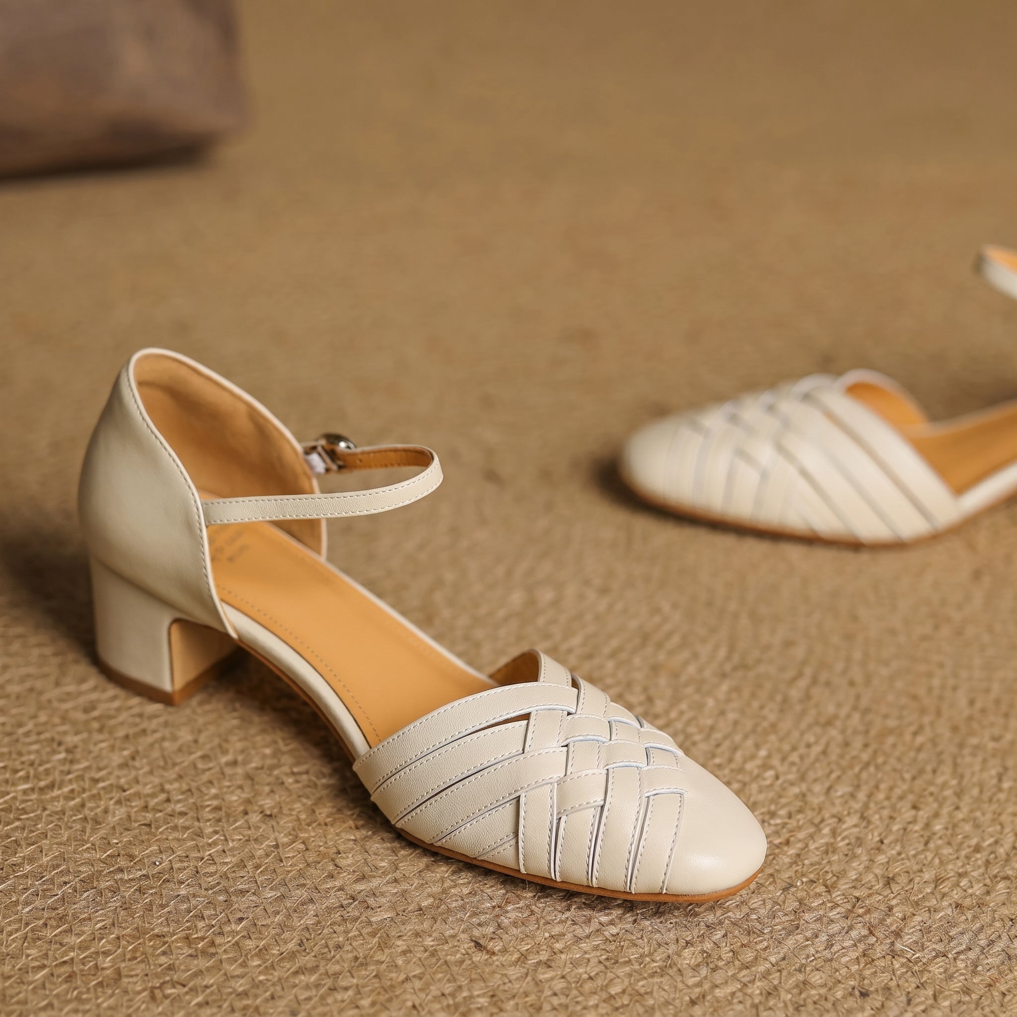 Rosa - Women's Woven Pumps with Buckle Ankle Strap - Heels - Beige - Taylor & Bennett