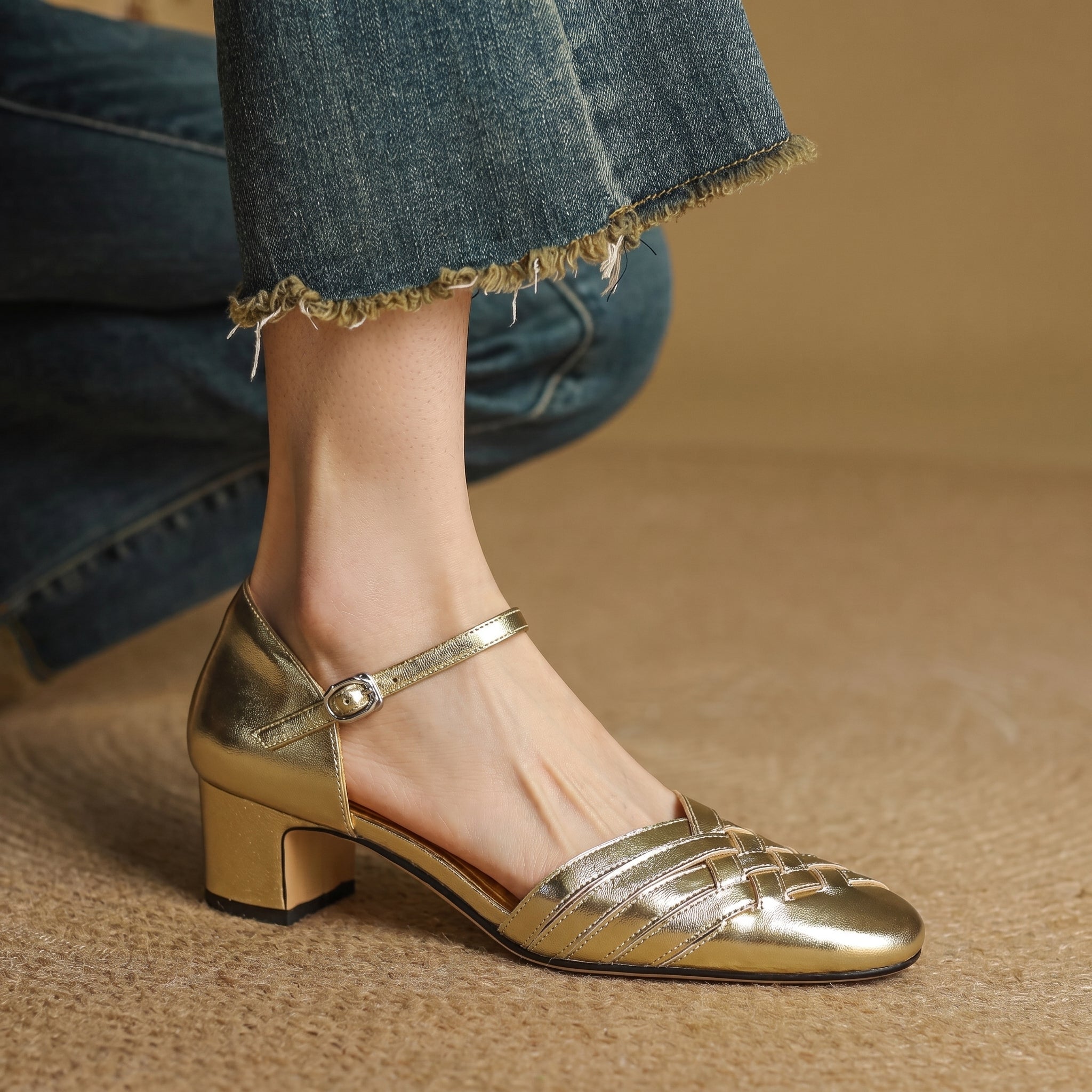 Rosa - Women's Woven Pumps with Buckle Ankle Strap - Heels - Gold - Taylor & Bennett