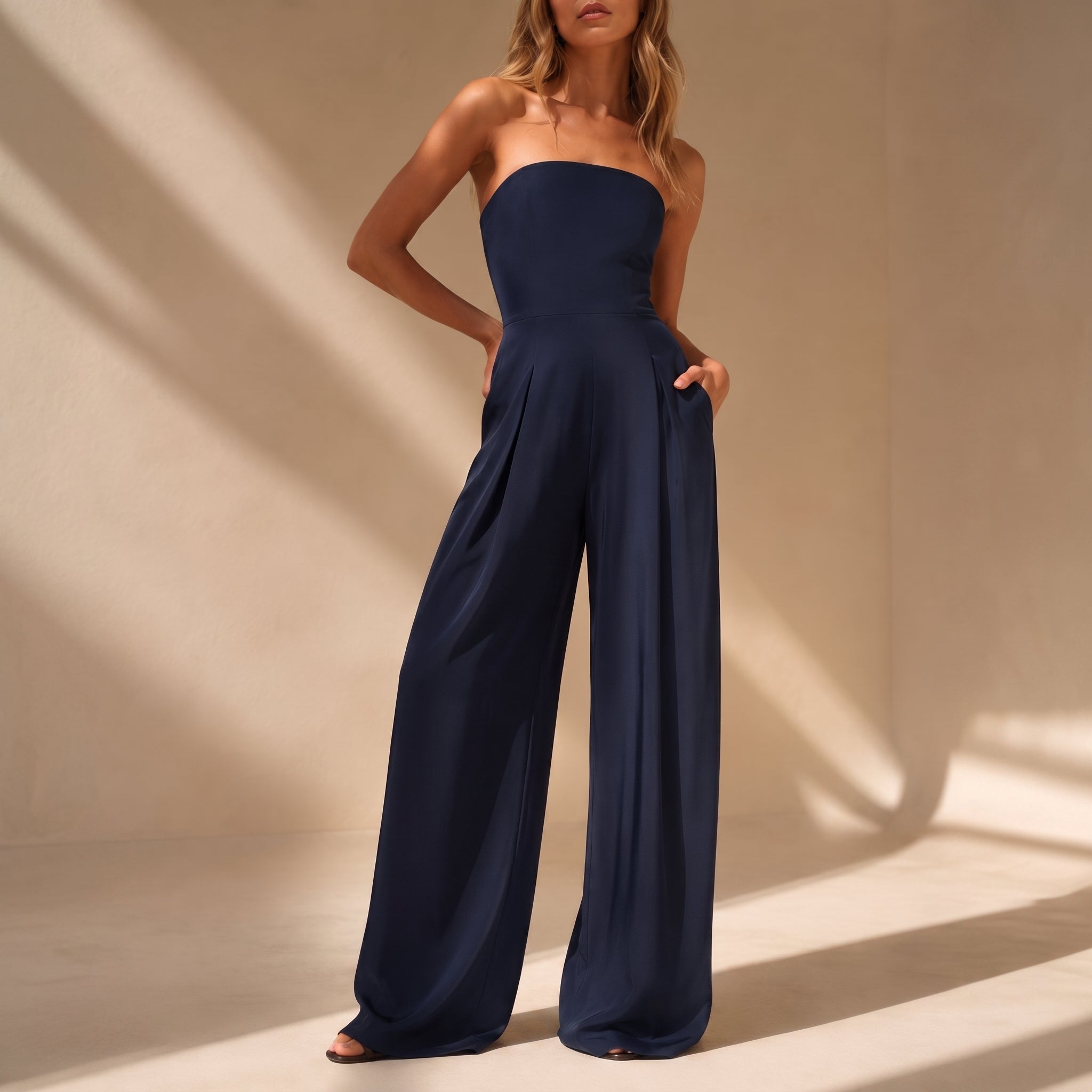 Rosie – Women's Strapless Bandeau Wide-Leg Jumpsuit - One-Pieces - Navy Blue - Taylor & Bennett