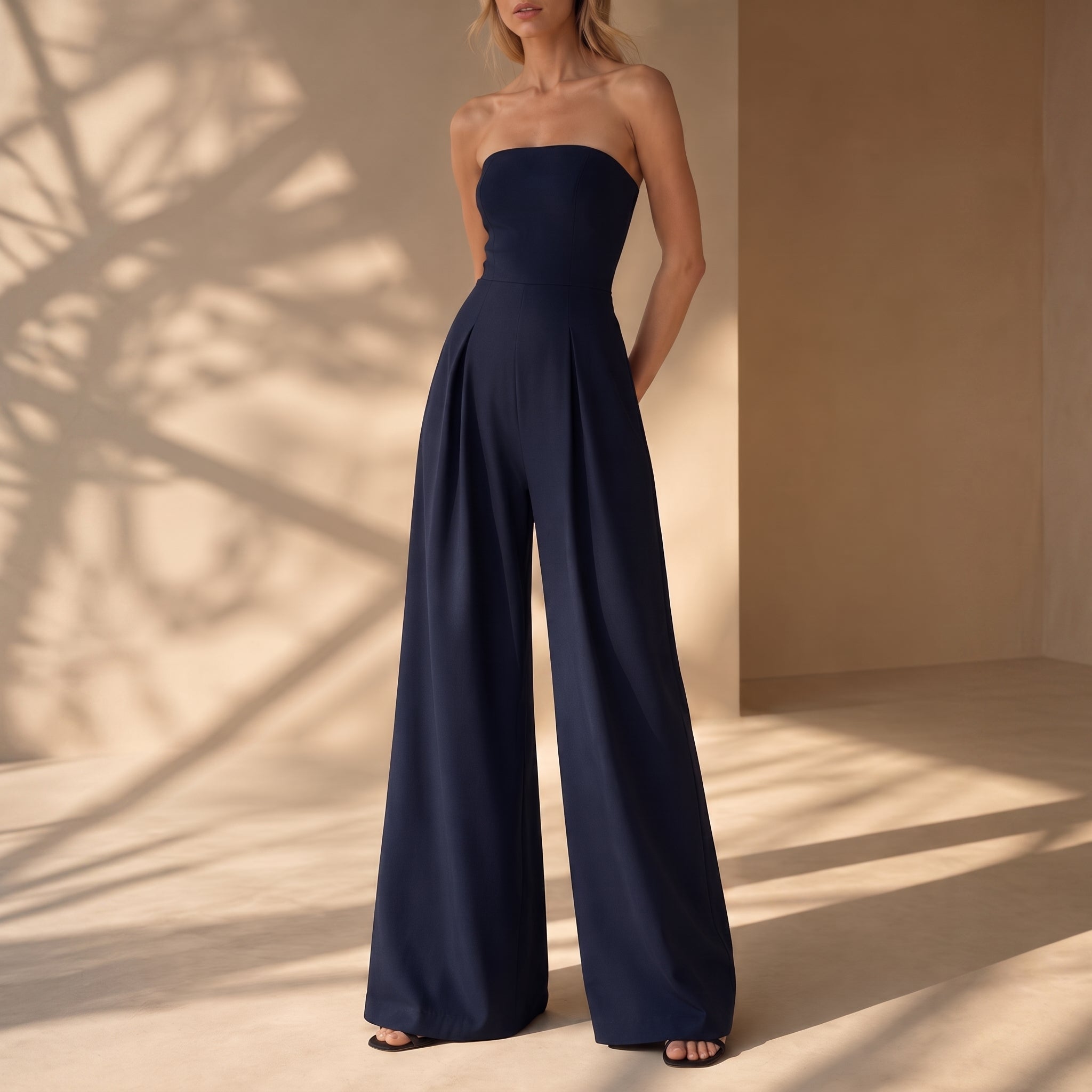 Rosie – Women's Strapless Bandeau Wide-Leg Jumpsuit - One-Pieces - Navy Blue - Taylor & Bennett
