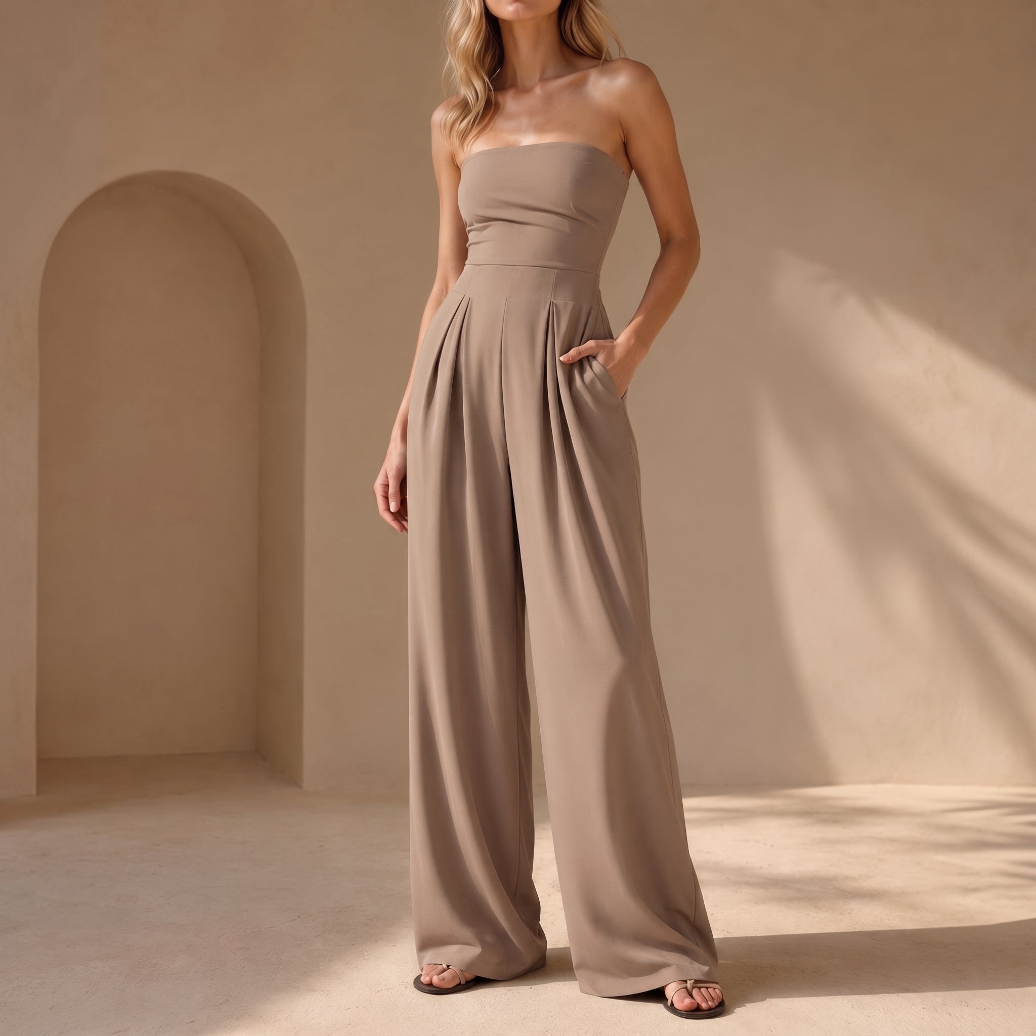 Rosie – Women's Strapless Bandeau Wide-Leg Jumpsuit - One-Pieces - Beige - Taylor & Bennett