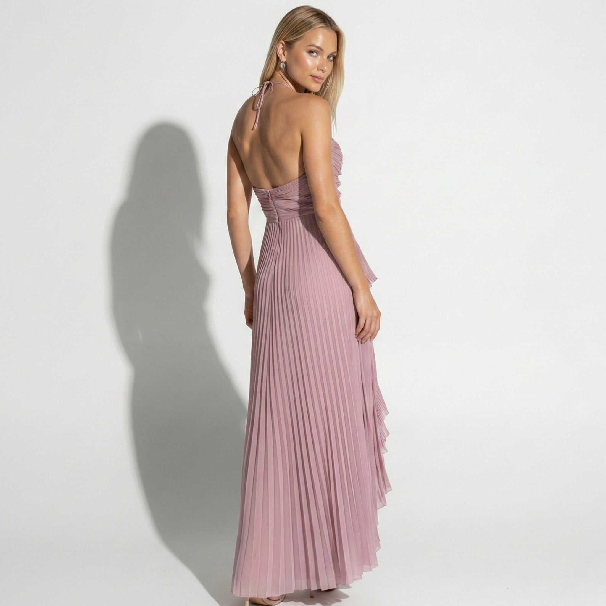 Ruby - Women's Halter Neck Ruffle Pleated Maxi Dress - Dresses - Pink - Taylor & Bennett