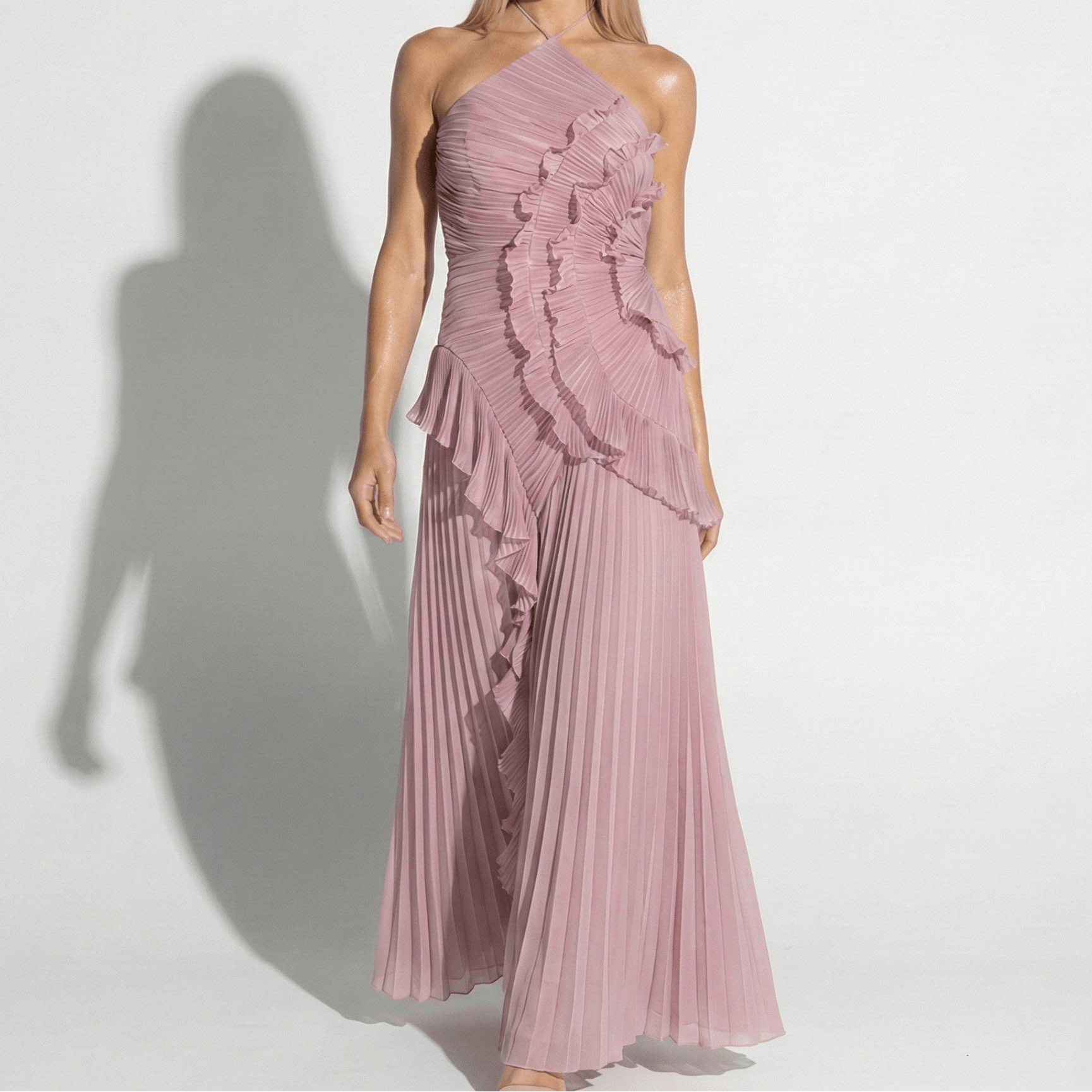 Ruby - Women's Halter Neck Ruffle Pleated Maxi Dress - Dresses - Pink - Taylor & Bennett