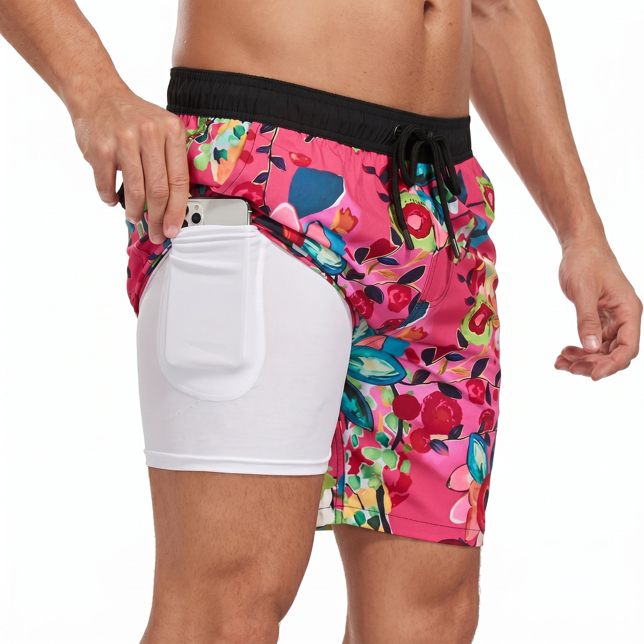 Ryan - Men's Printed Drawstring Swimming Shorts - Shorts Men - Dark Pink - Taylor & Bennett