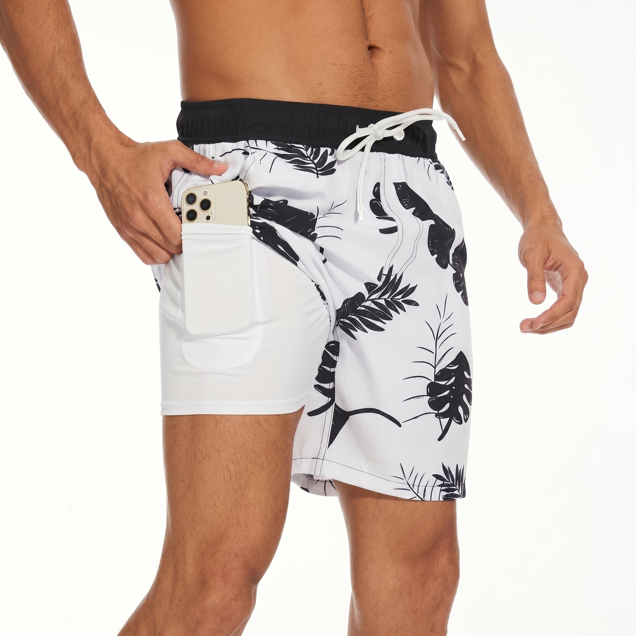 Ryan - Men's Printed Drawstring Swimming Shorts - Shorts Men - White - Taylor & Bennett