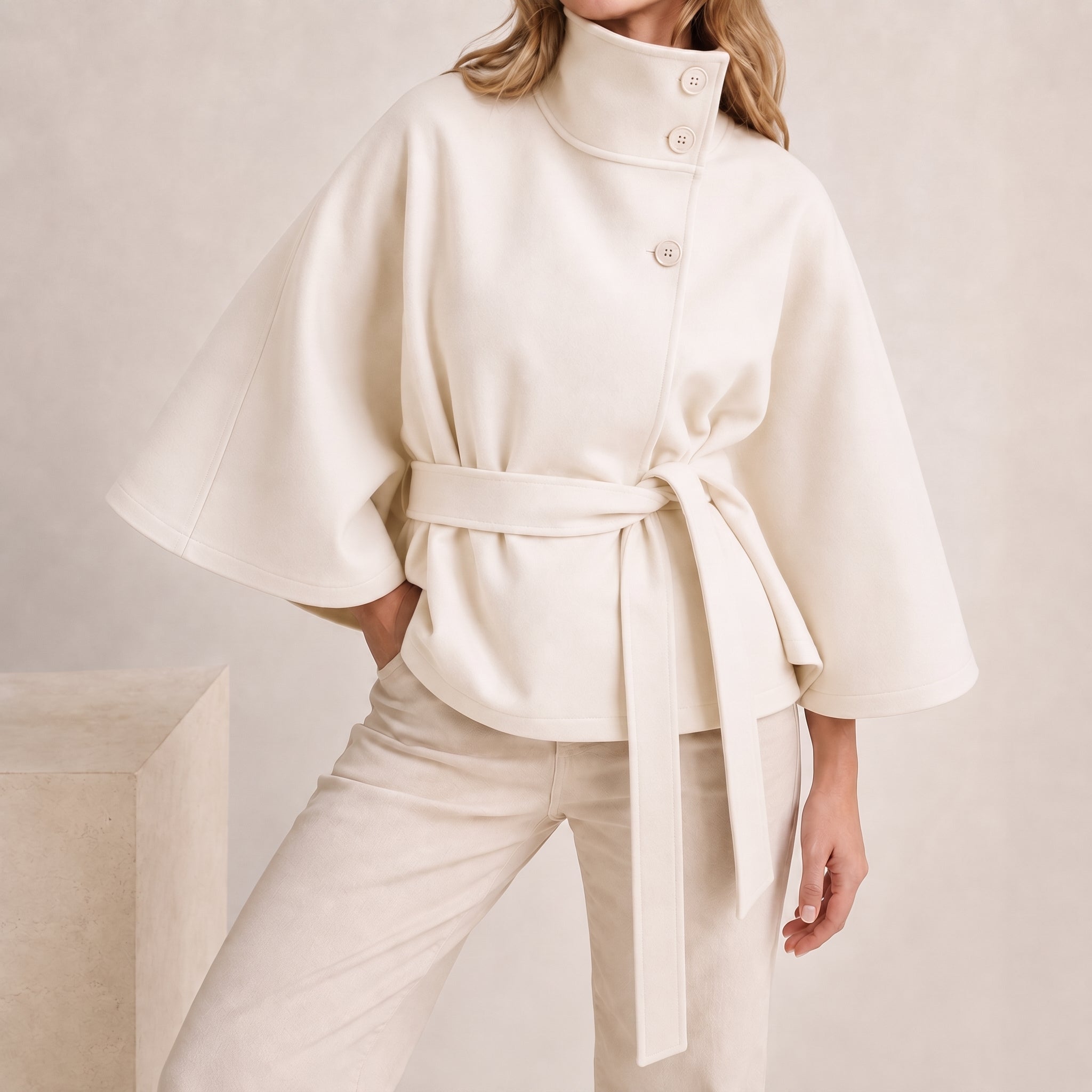 Sarah - Women's Cape Stand Collar Self-Tie Belted Jacket - Capes - White - Taylor & Bennett