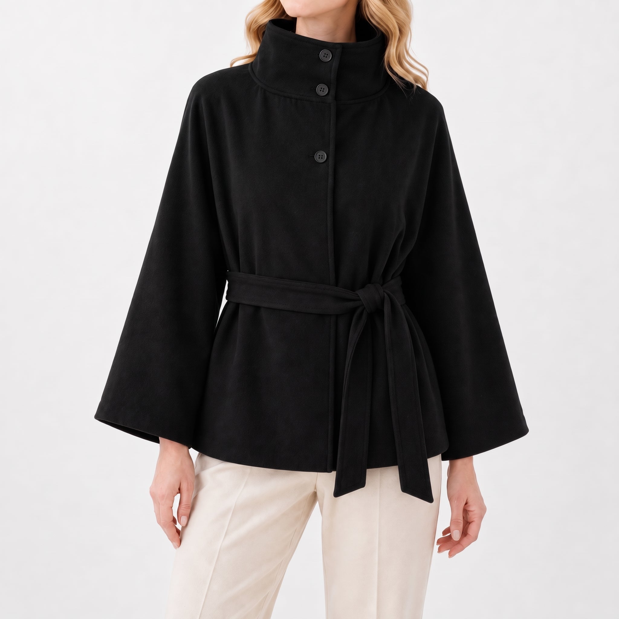 Sarah - Women's Cape Stand Collar Self-Tie Belted Jacket - Capes - Black - Taylor & Bennett