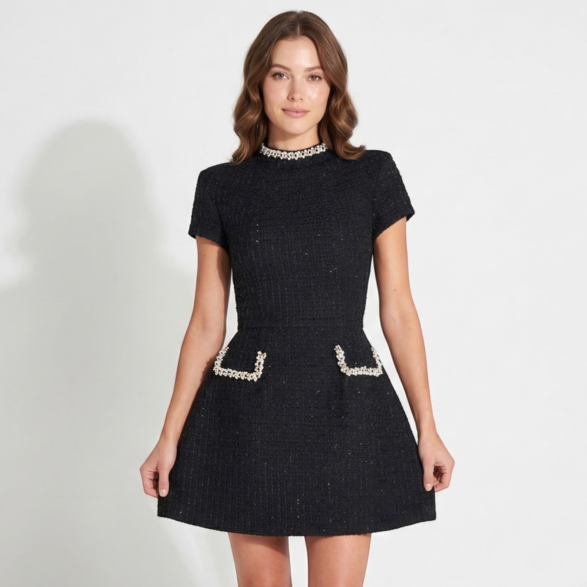 Sarah - Women's Mini Dress with Pearl Trim & Pocket Design - Mini Dress - Black - Taylor & Bennett