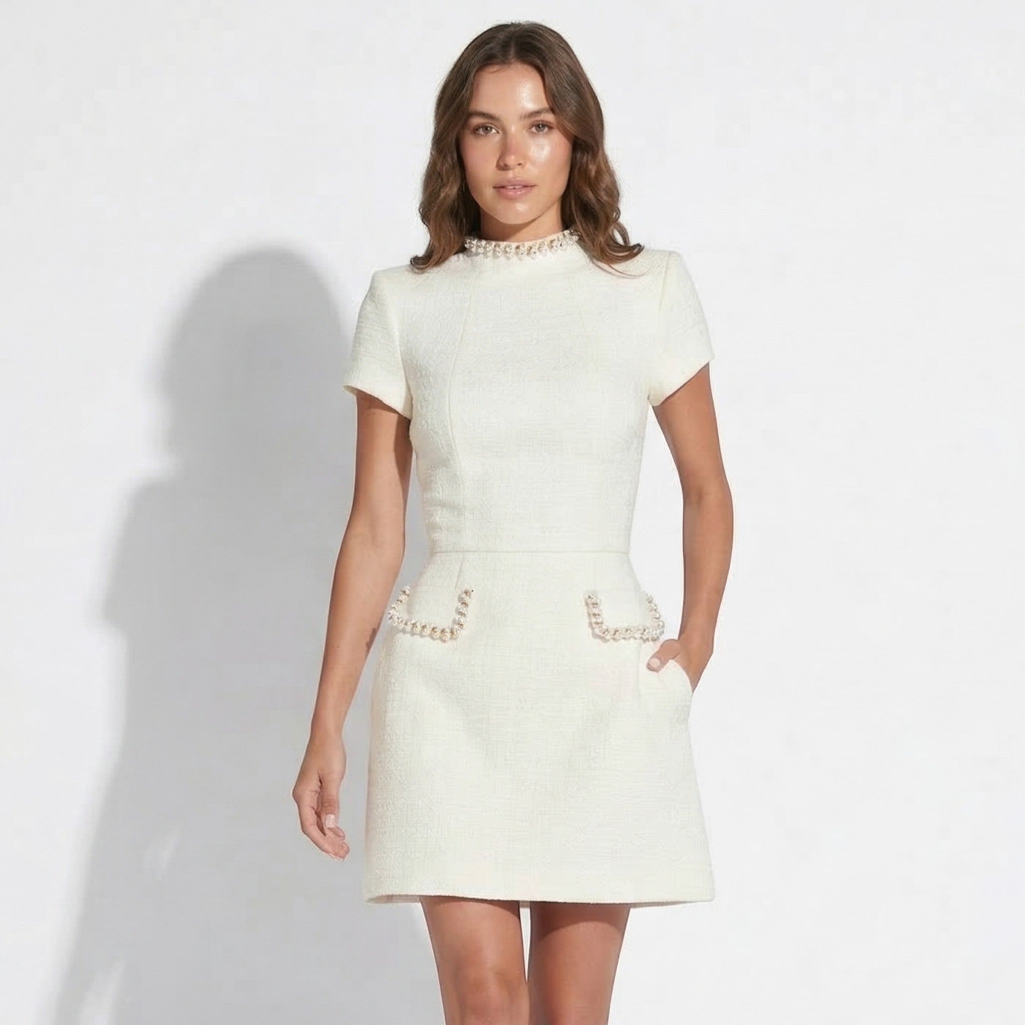 Sarah - Women's Mini Dress with Pearl Trim & Pocket Design - Mini Dress - White - Taylor & Bennett