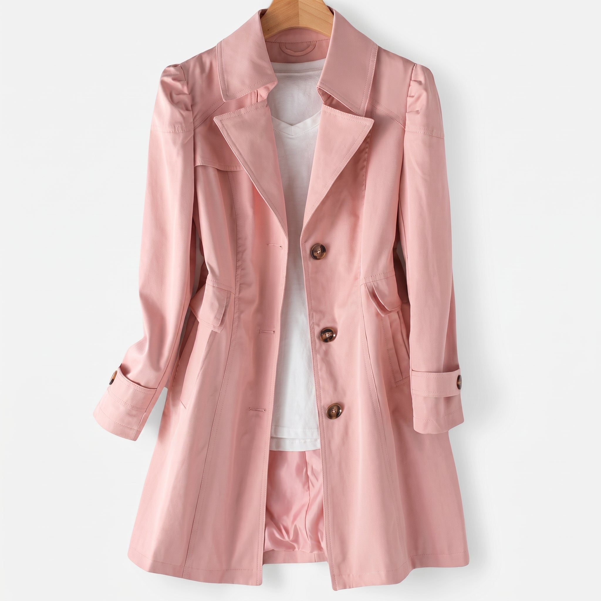 Sarah - Women's Single-Breasted Longline Trench Coat with Notch Lapel - Trench Coats - Pink - Taylor & Bennett